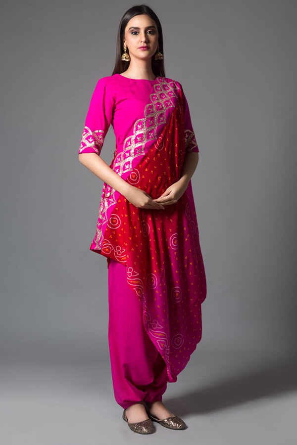 Three Piece Drape Bandhni Dupatta Set