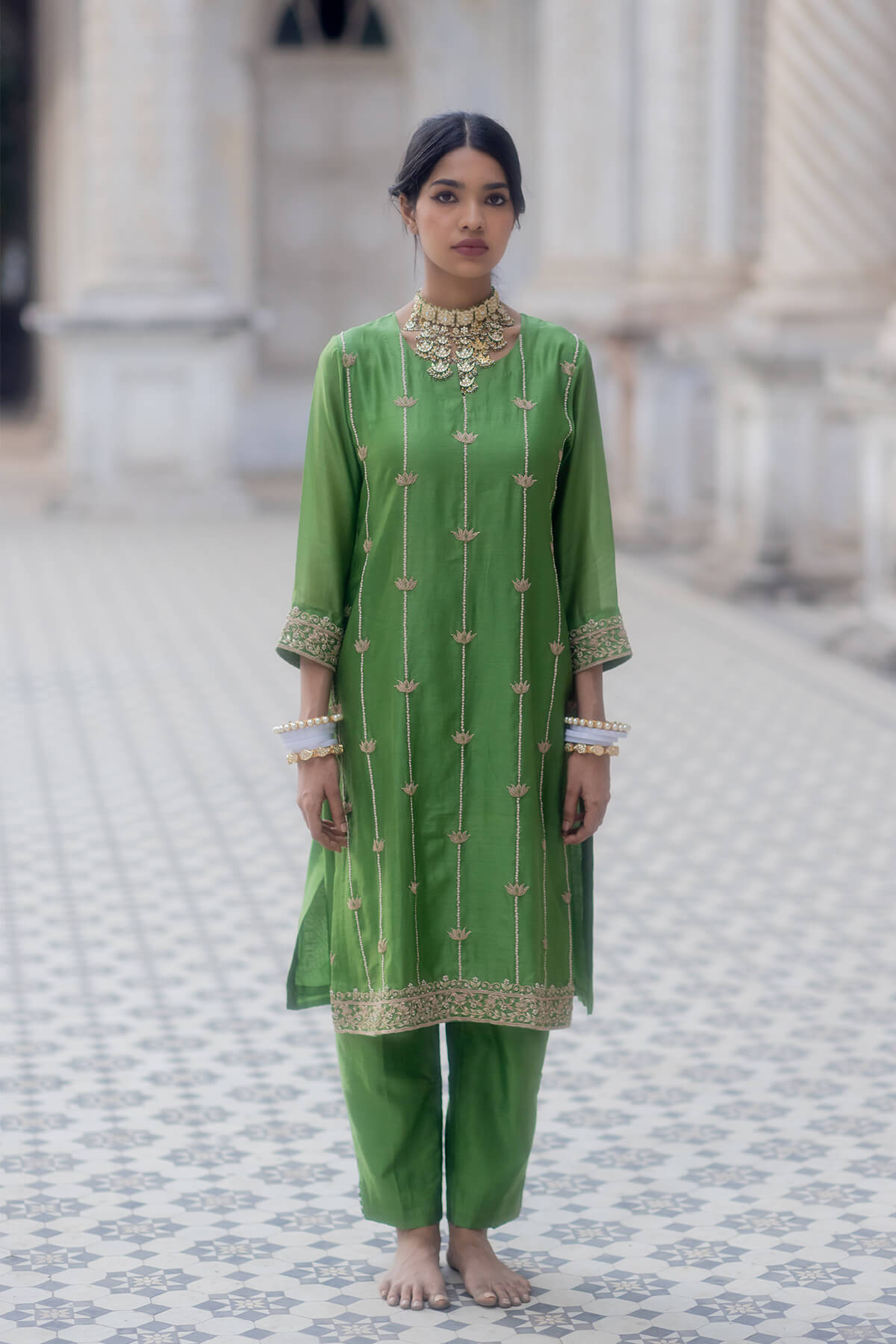 Green lotus kurta set