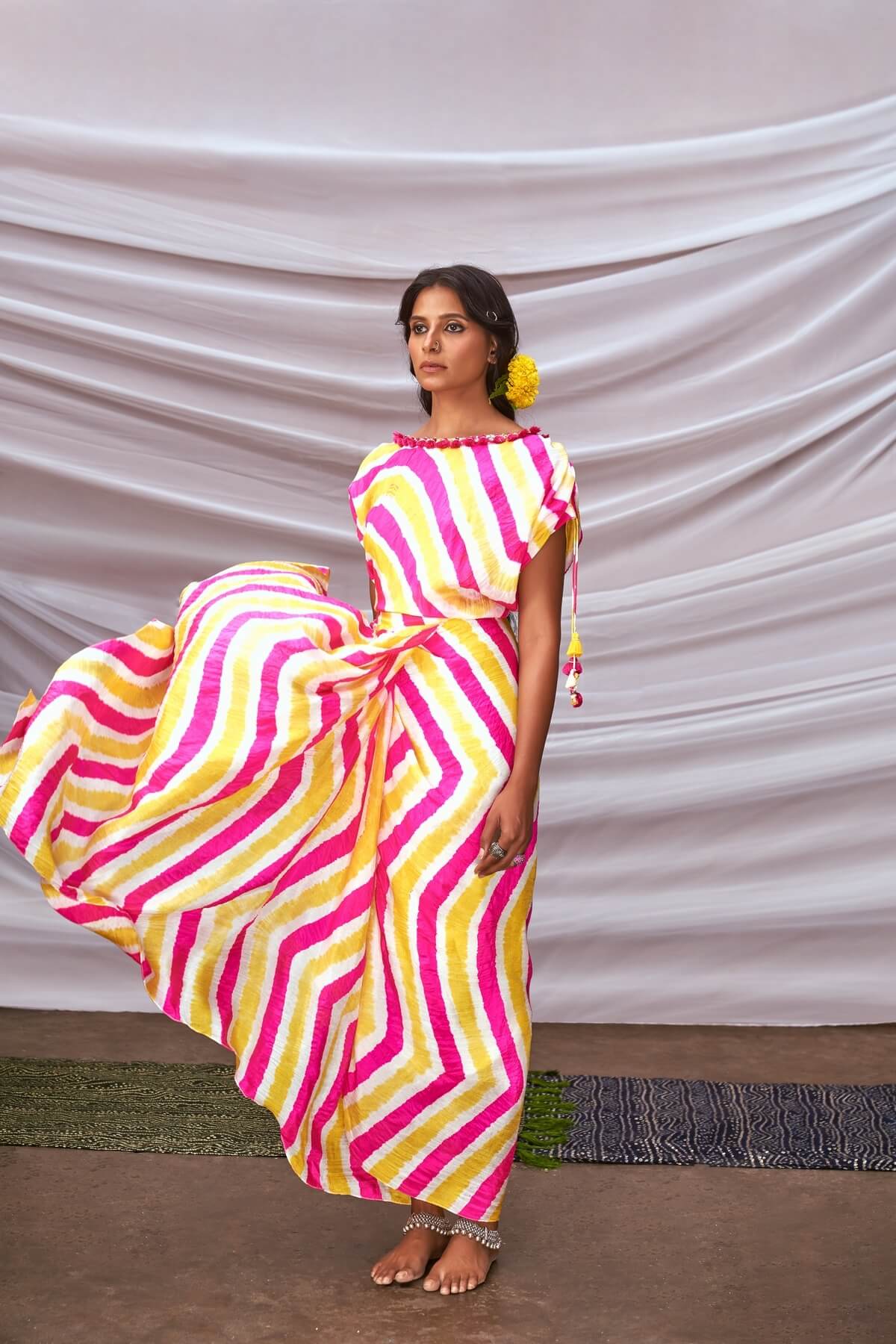 Boat Neck Leheriya Dress With Tassel Embroidery