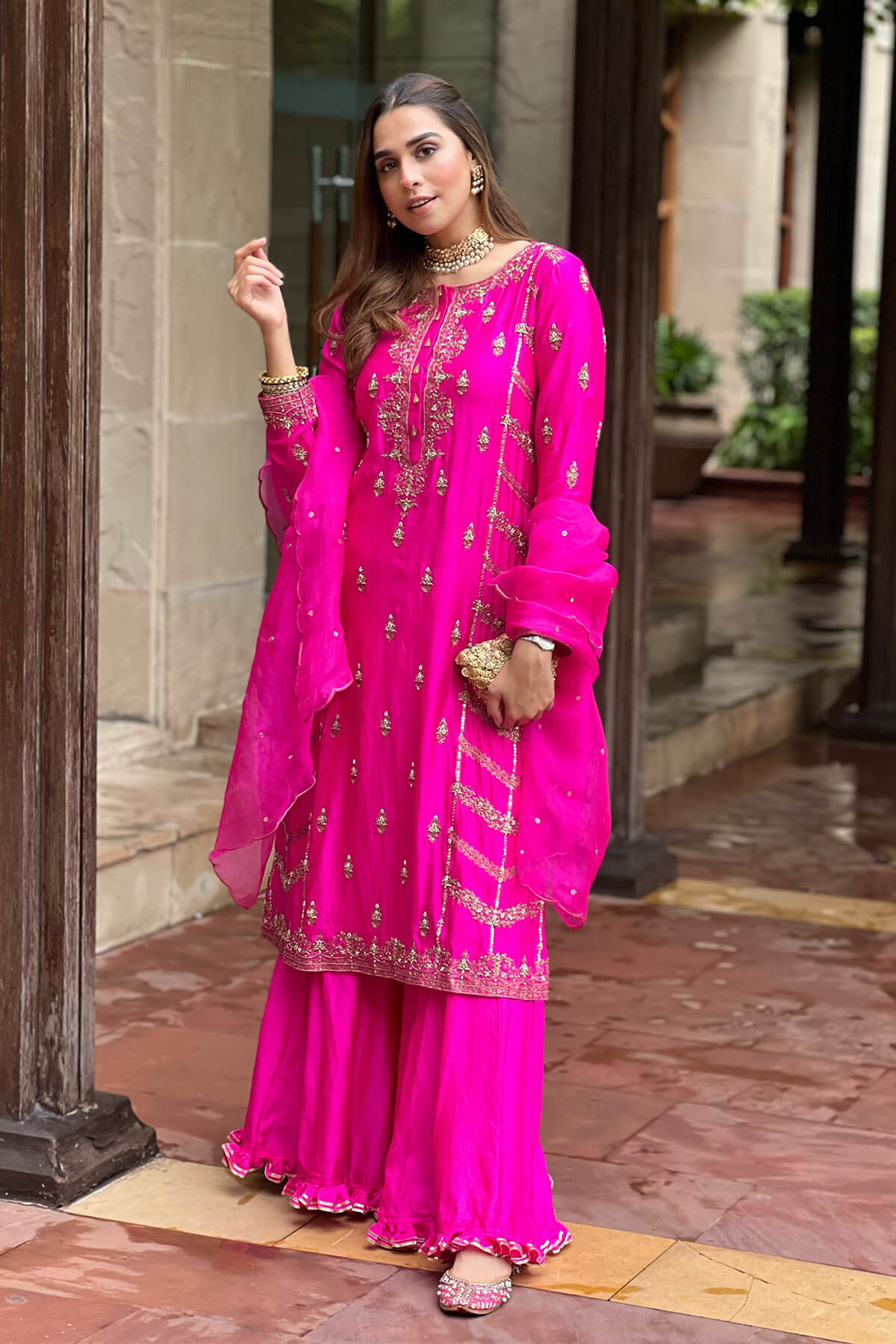 Heavily Embroidered Kurta Set With Sharara Pants