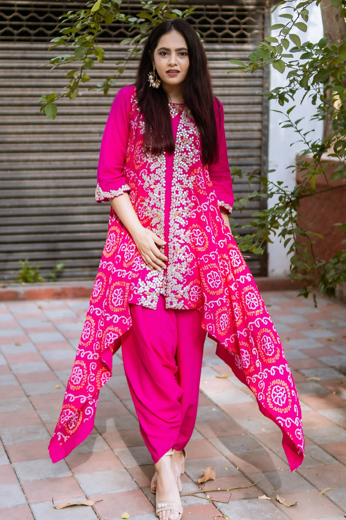 Three Piece Set With Bandhni Cape