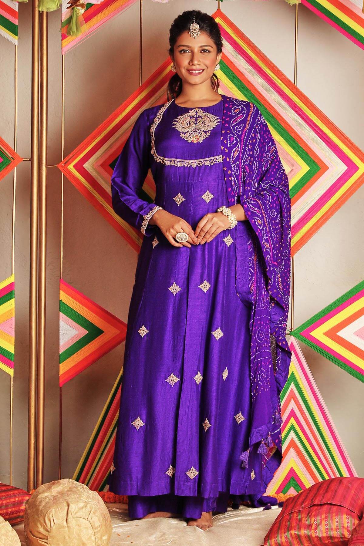 Front Slit Anarkali With Pants And Bandhni Dupatta