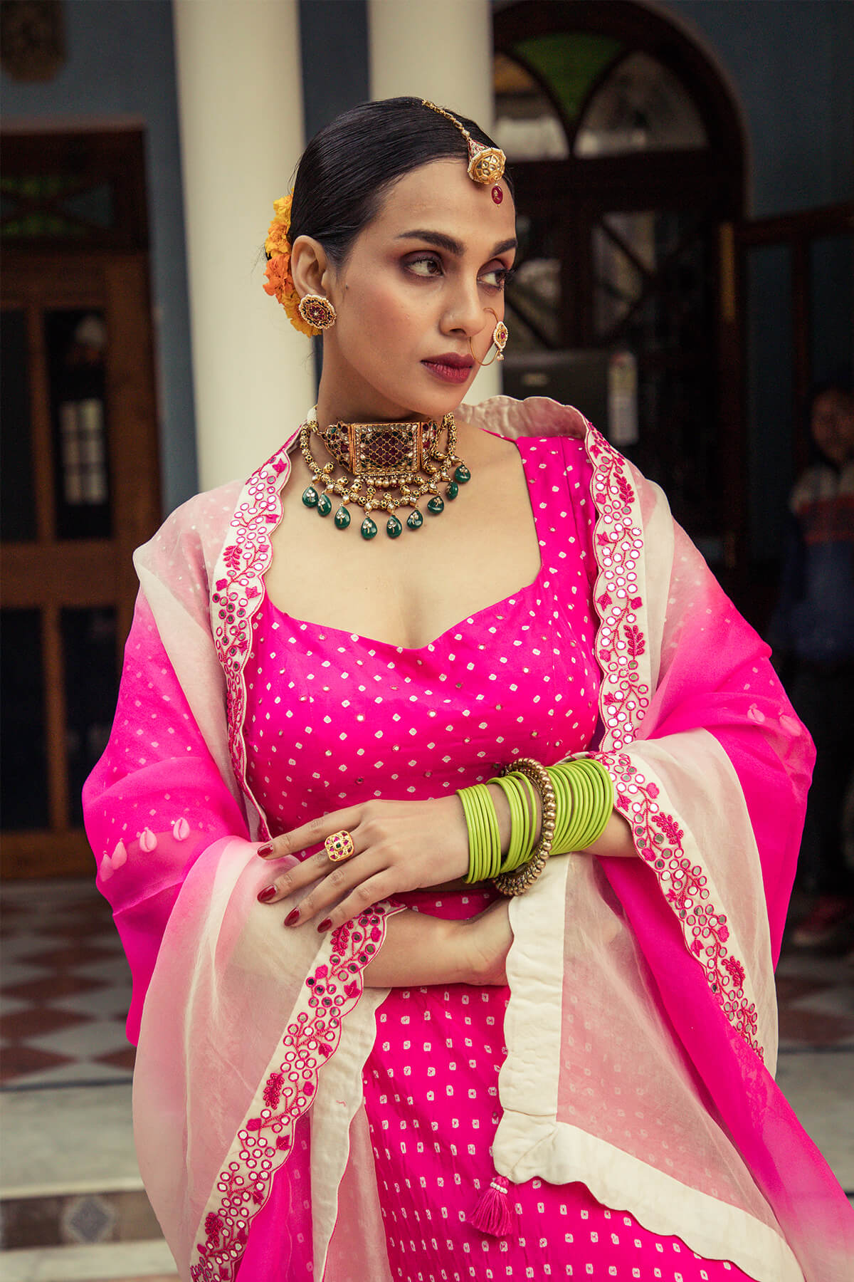 Bandhni lehenga with dip dye dupatta