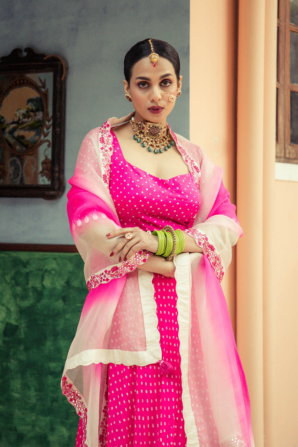 Bandhni lehenga with dip dye dupatta