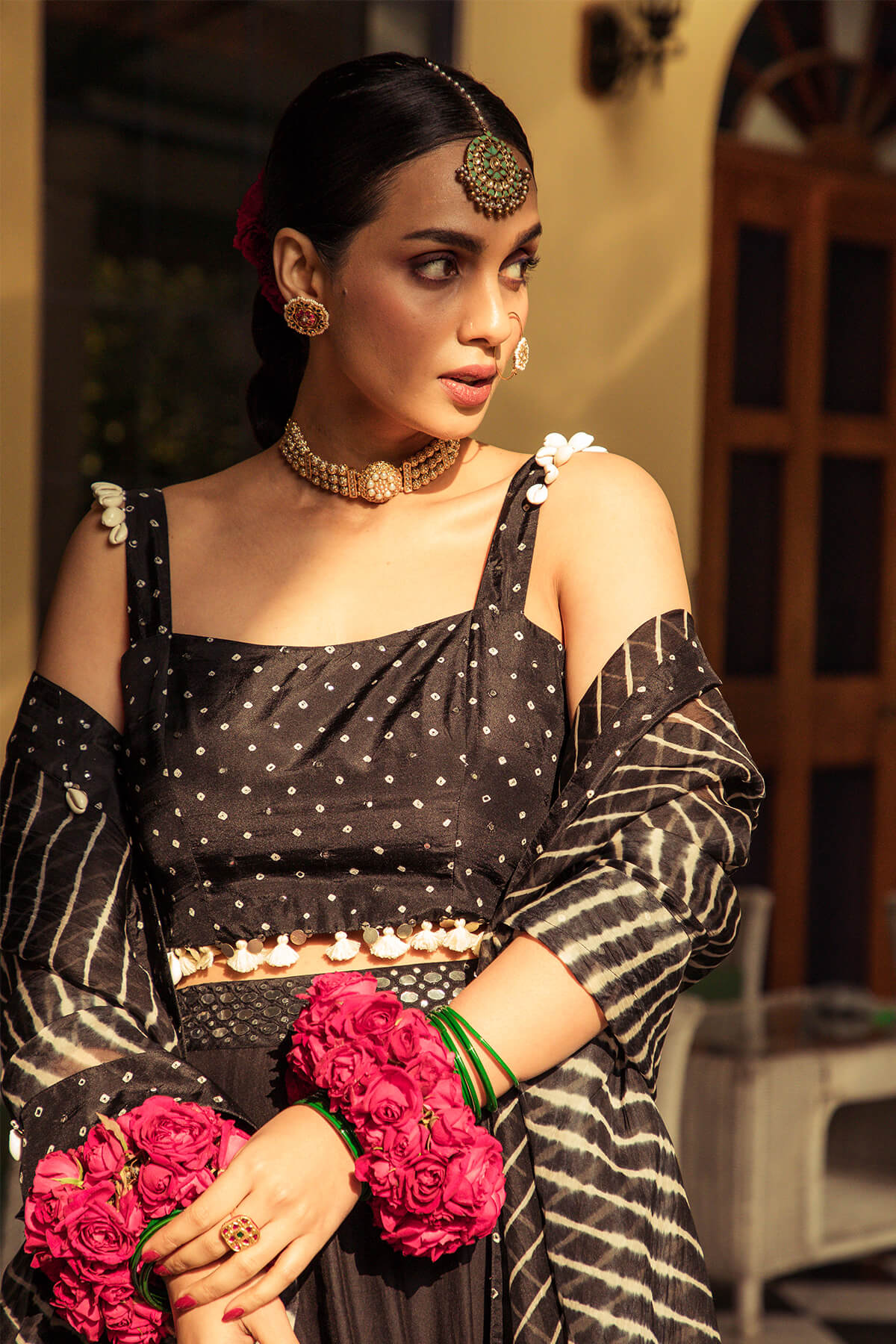 Bandhni and leheriya fusion lehenga