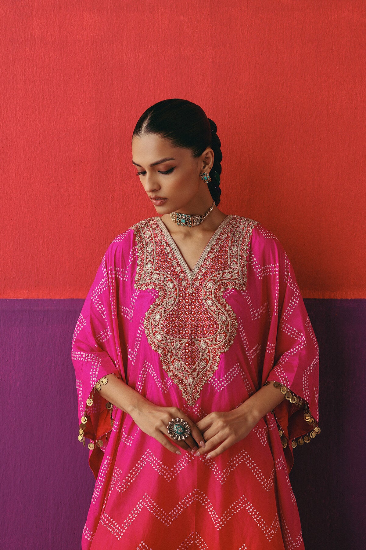 Zigzag Bandhni Kaftan with Sharara