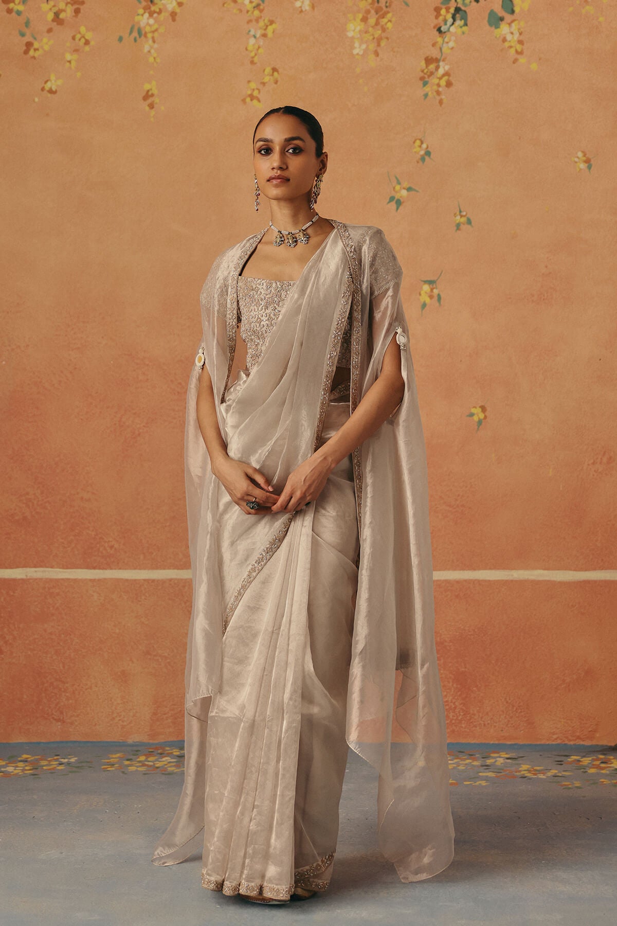 Chandrika — Silver Tissue Saree with cape set