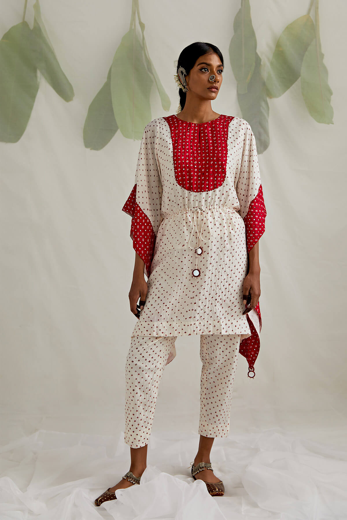 White and red short kaftan co-rd set