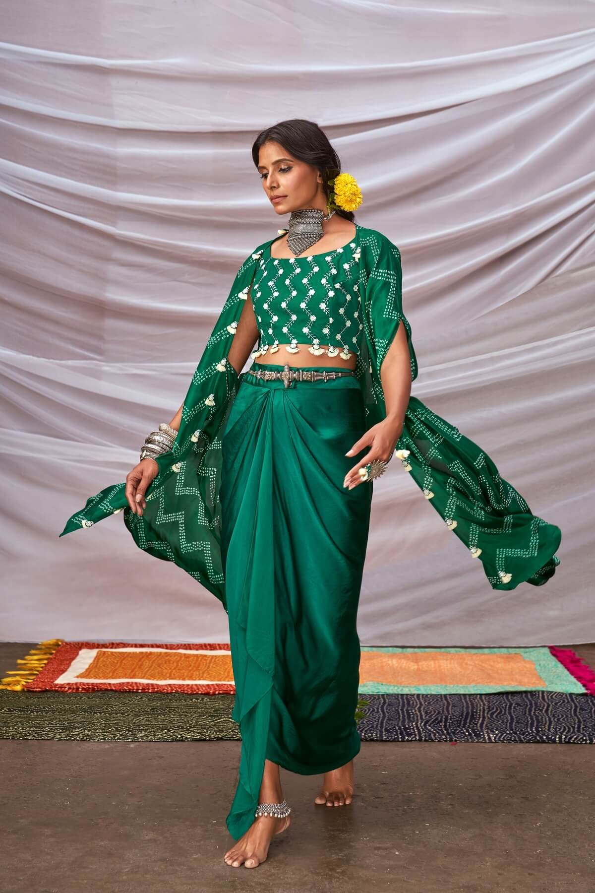 Zig-Zag Bandhani Cape Set With Dhoti Pants