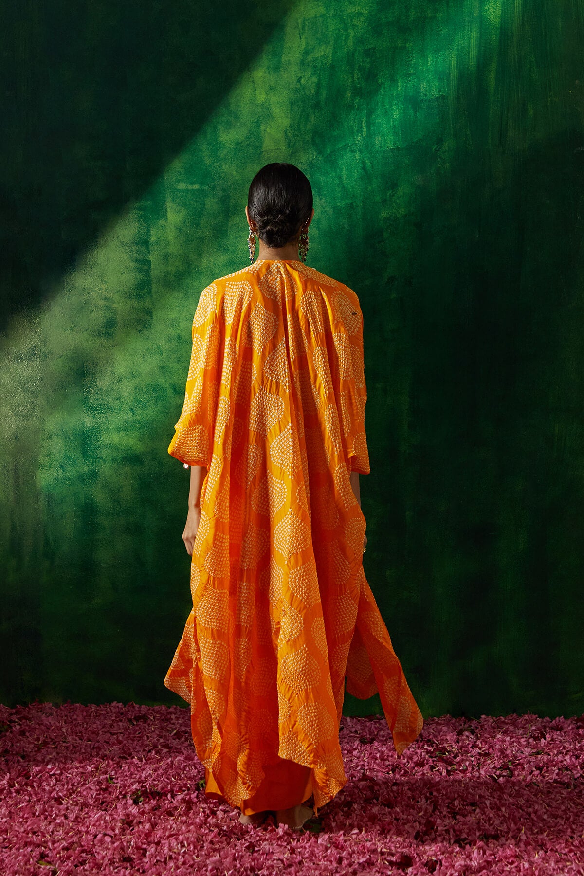 Bandhni cape set with chanderi kurta and dhoti skirt