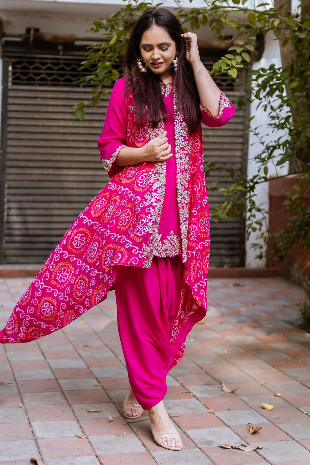 Three Piece Set With Bandhni Cape