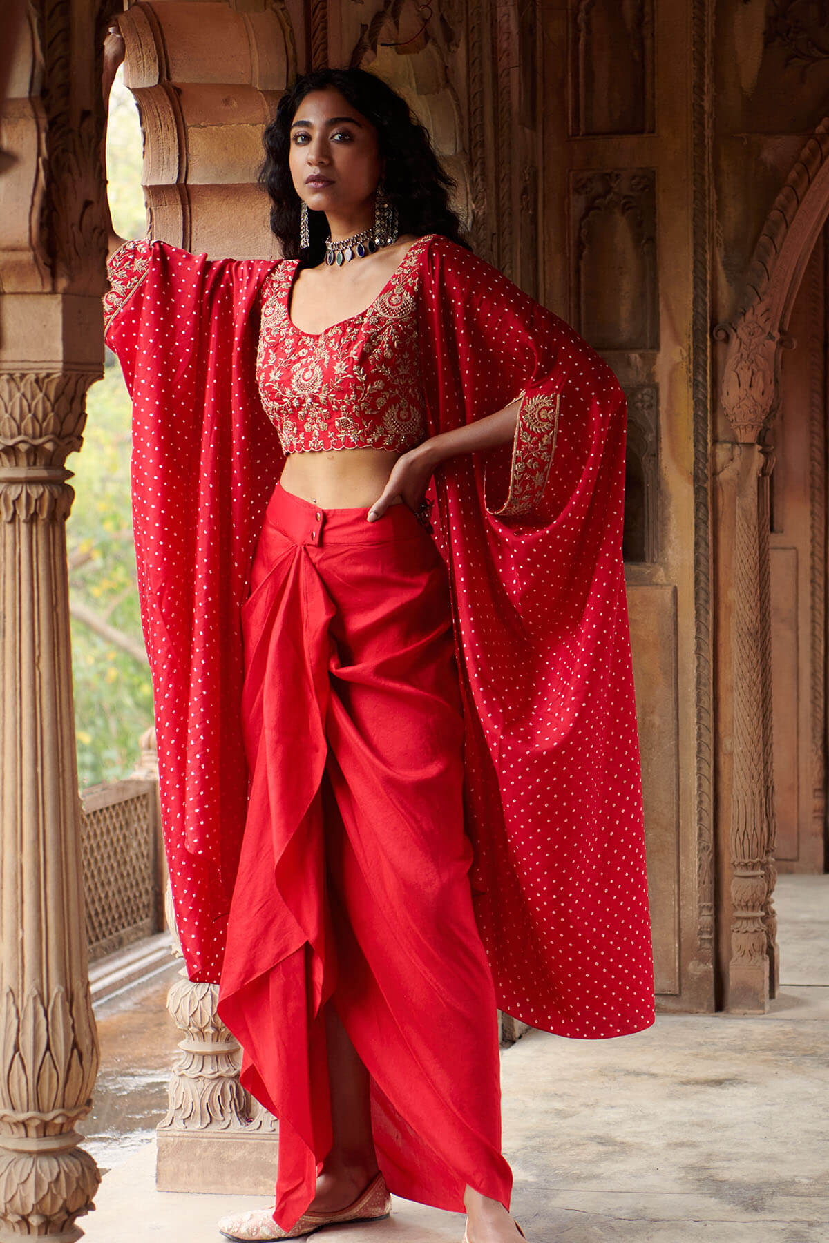 Bandhani Cape Set With A Chandbali Crop Top