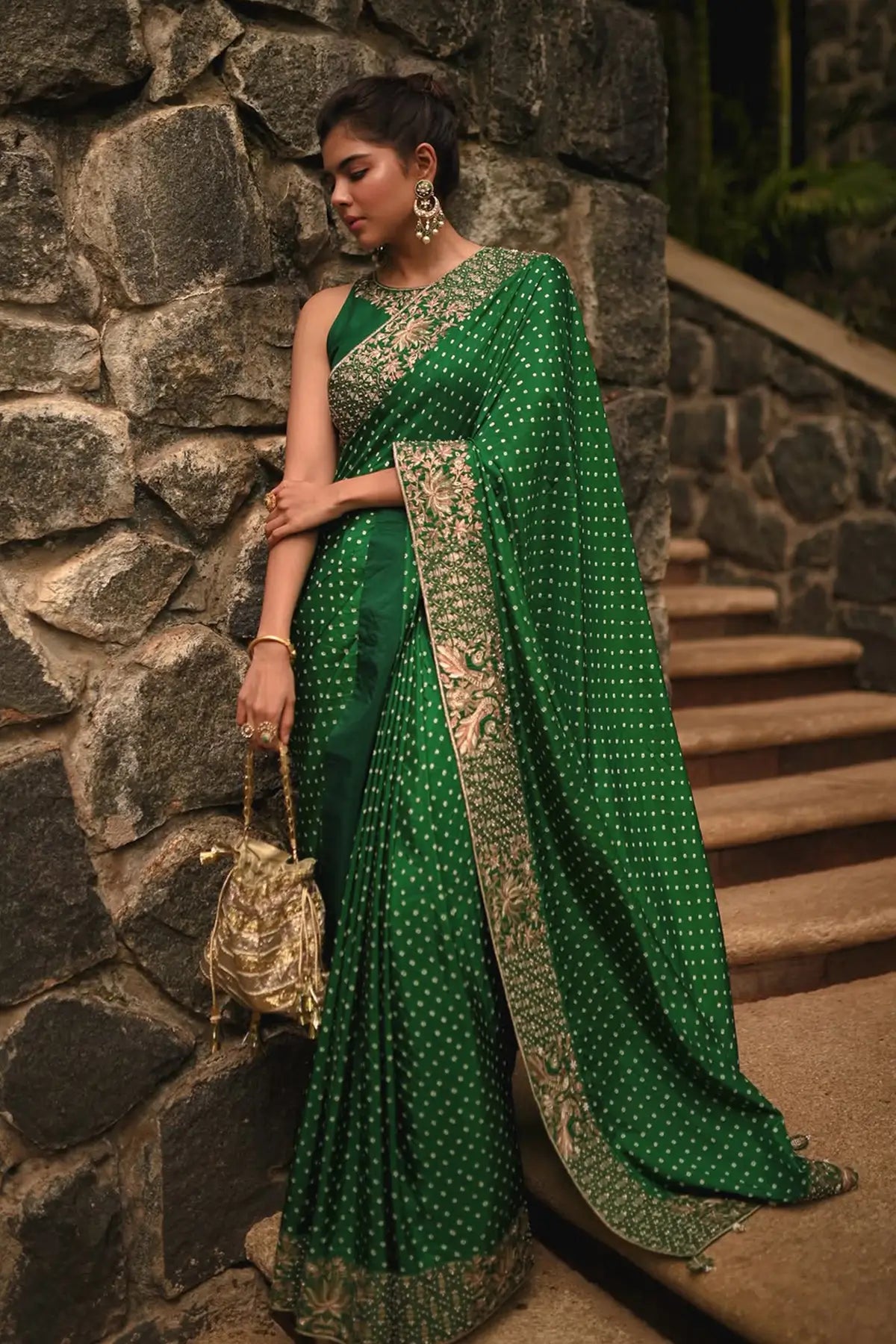 Peacock and lotus bandhni saree