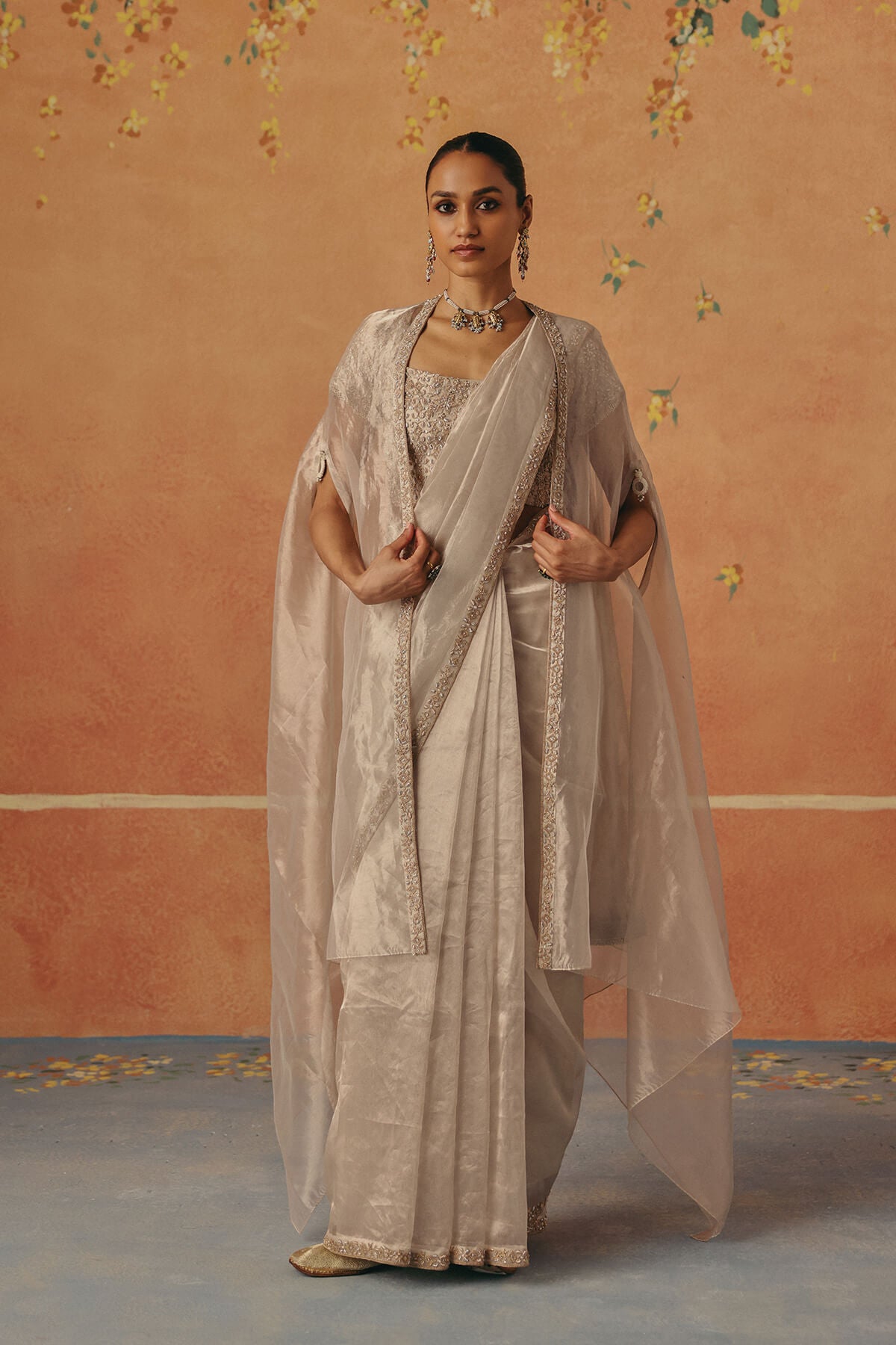 Chandrika — Silver Tissue Saree with cape set