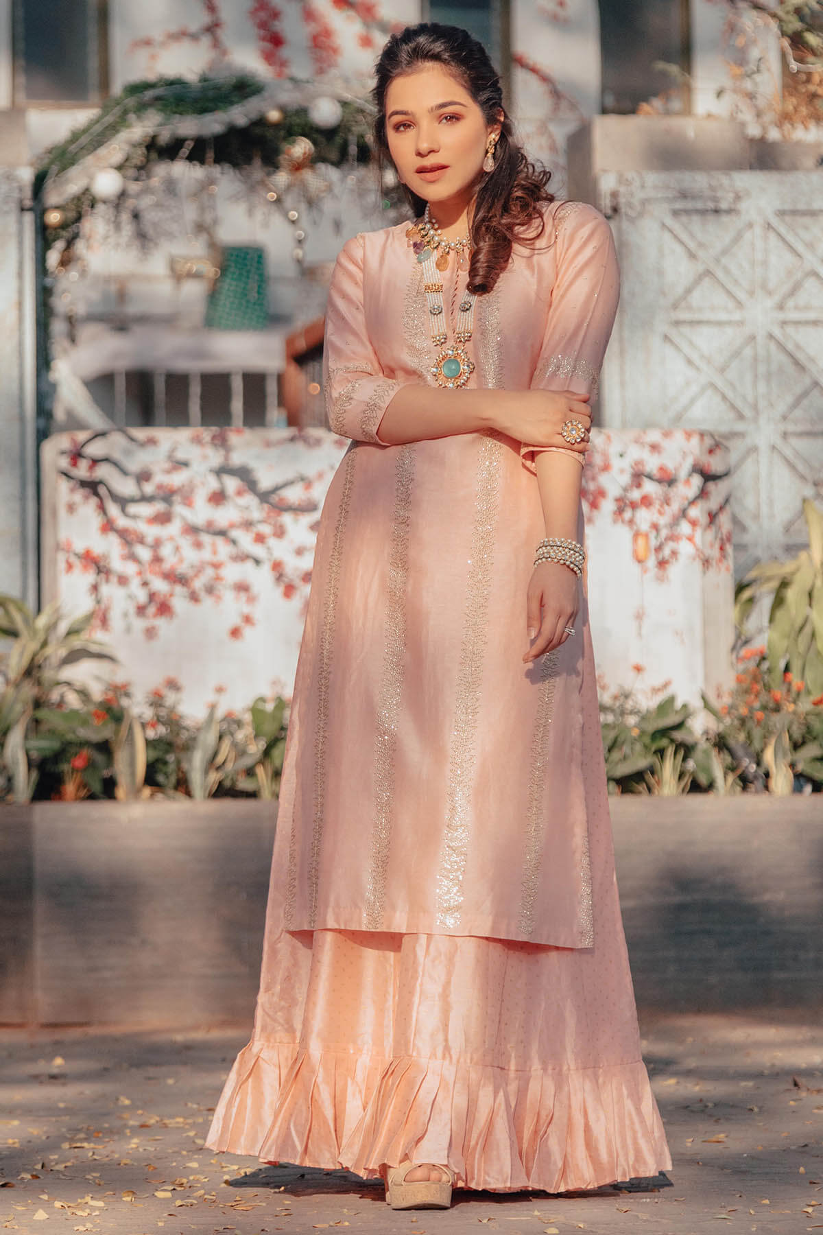 Long Kurta With Ruffles Foil Sharara