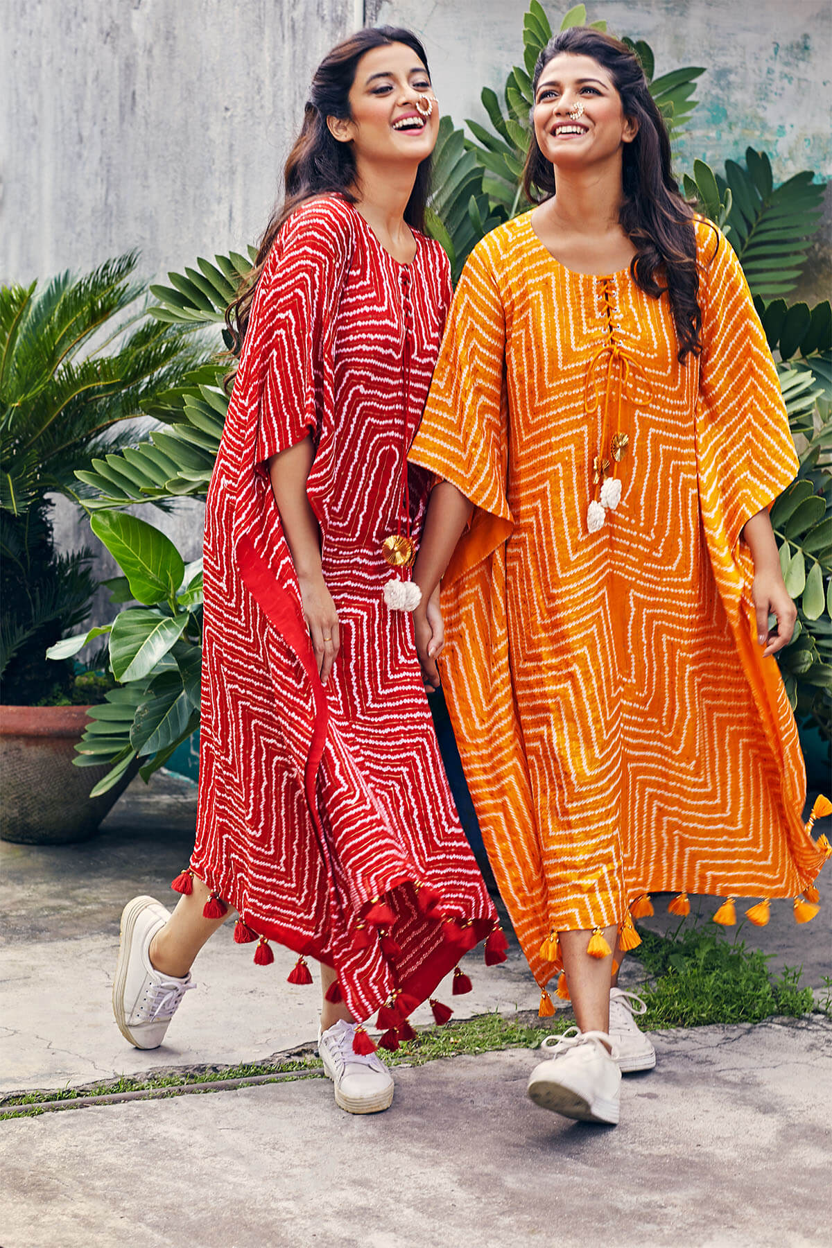 Geometrical Bandhani Kaftan With Sequins Embroidery