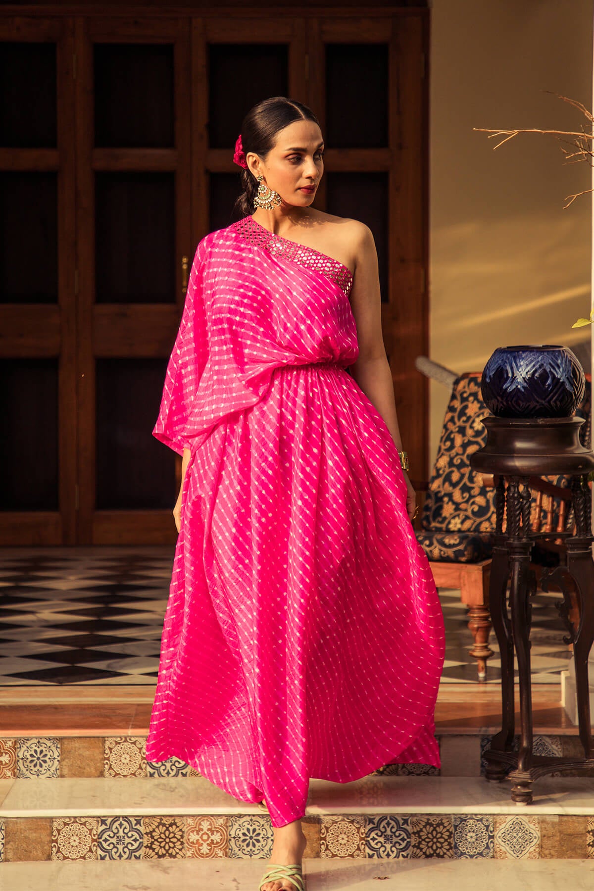 One shoulder leheriya dress