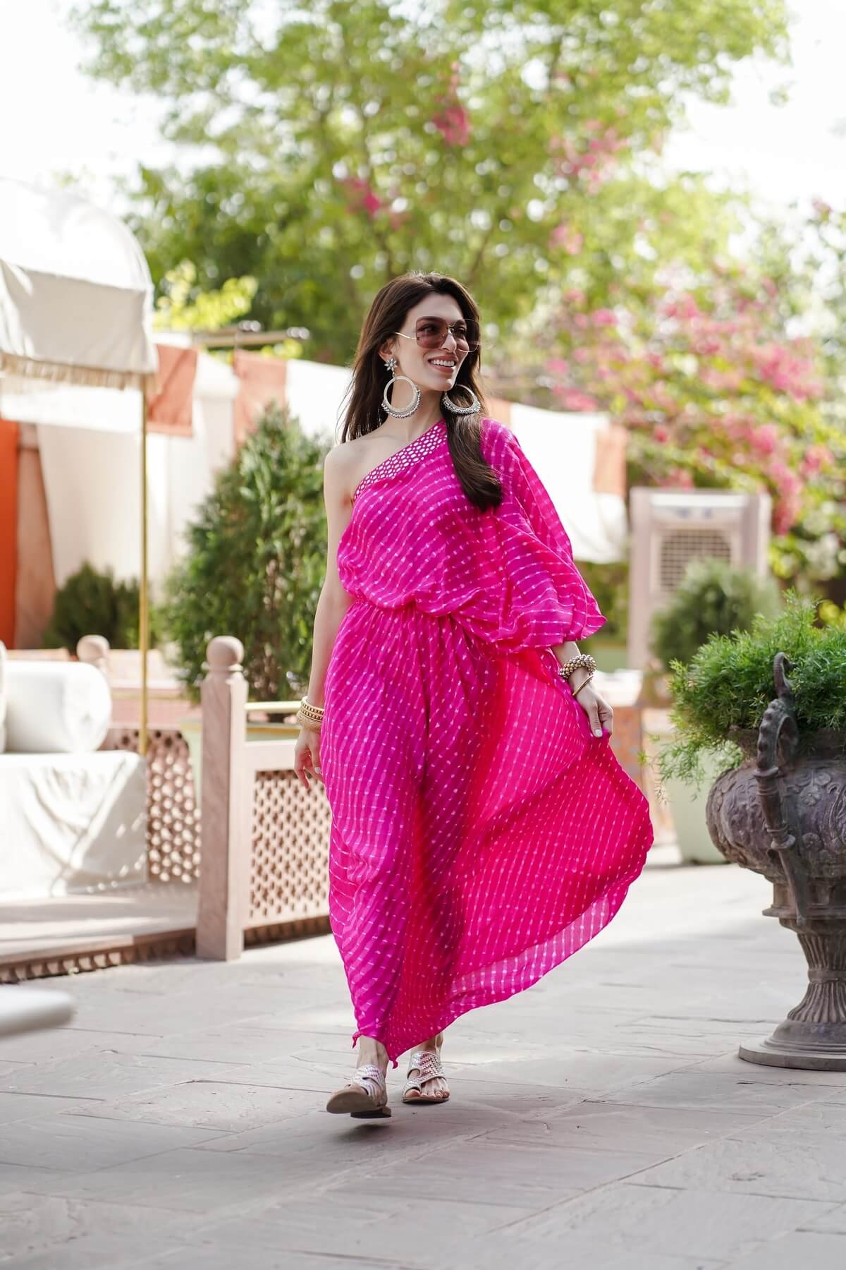 One shoulder leheriya dress