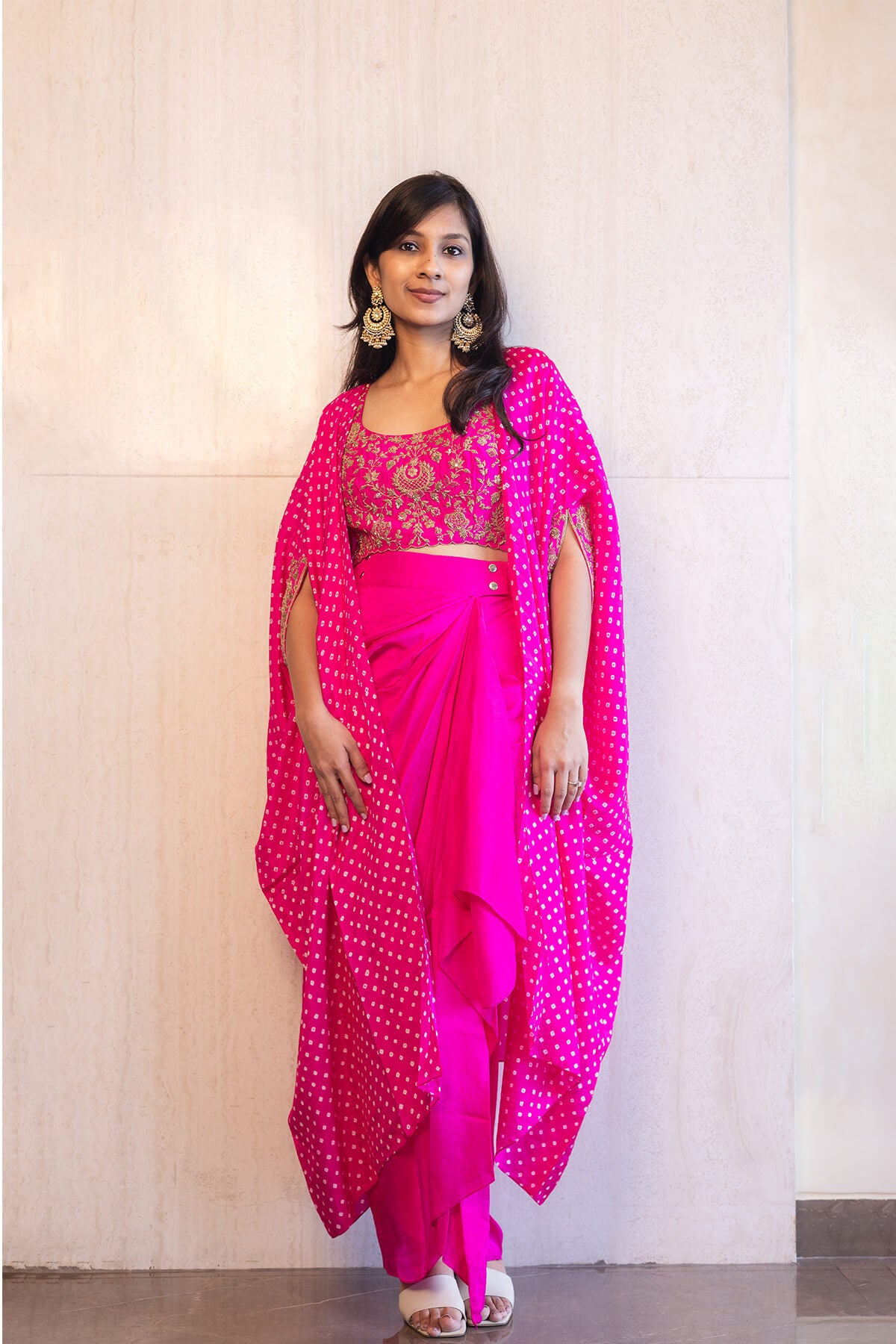 Bandhani Cape Set With A Chandbali Crop Top
