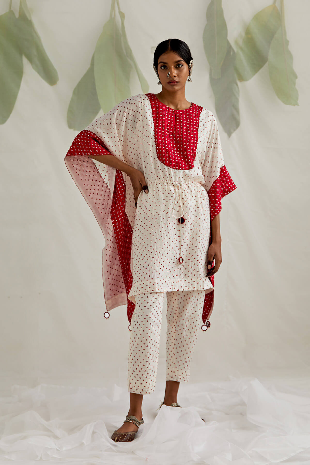 White and red short kaftan co-rd set