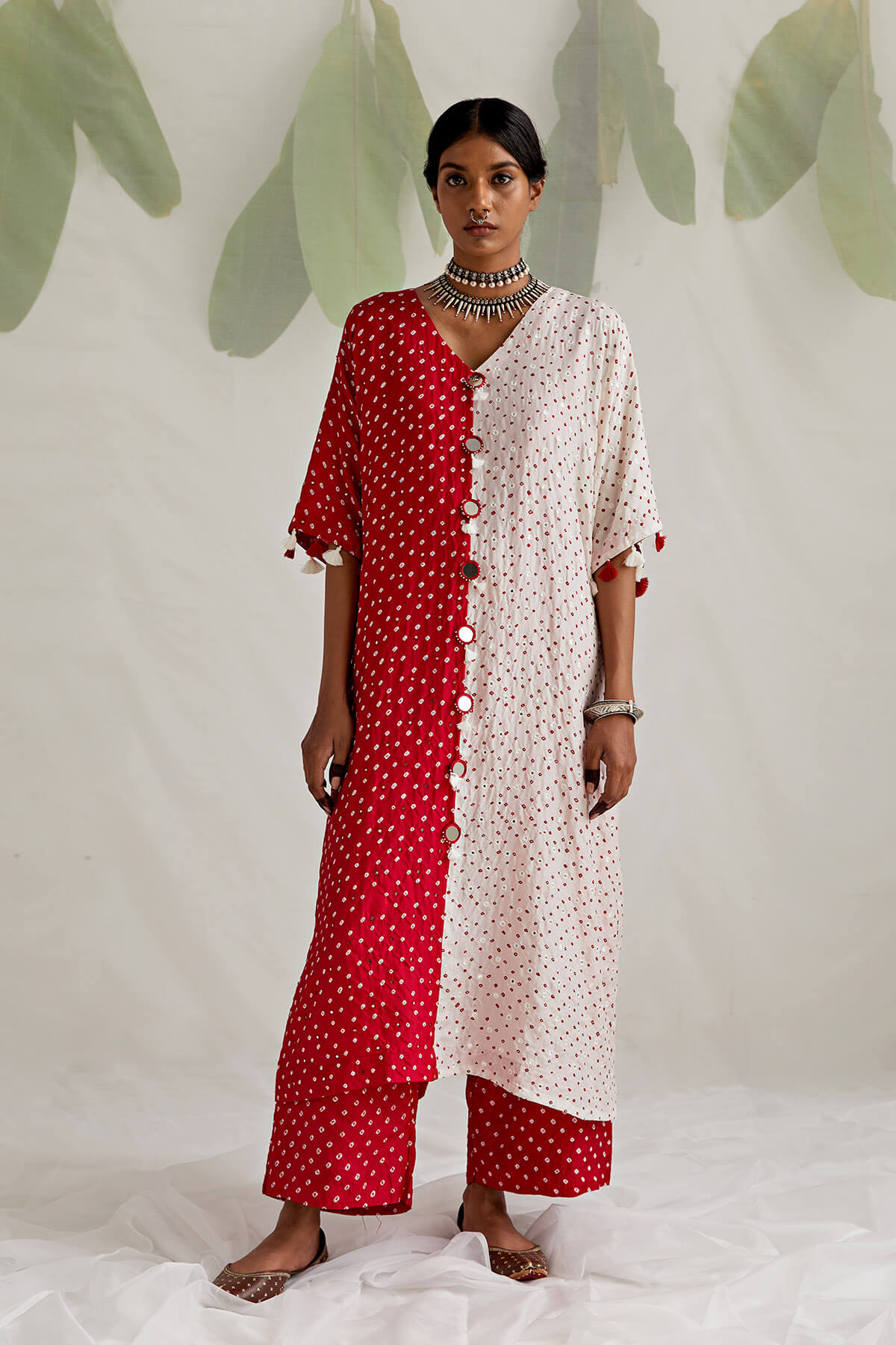 White And Red Long kaftan co-rd set