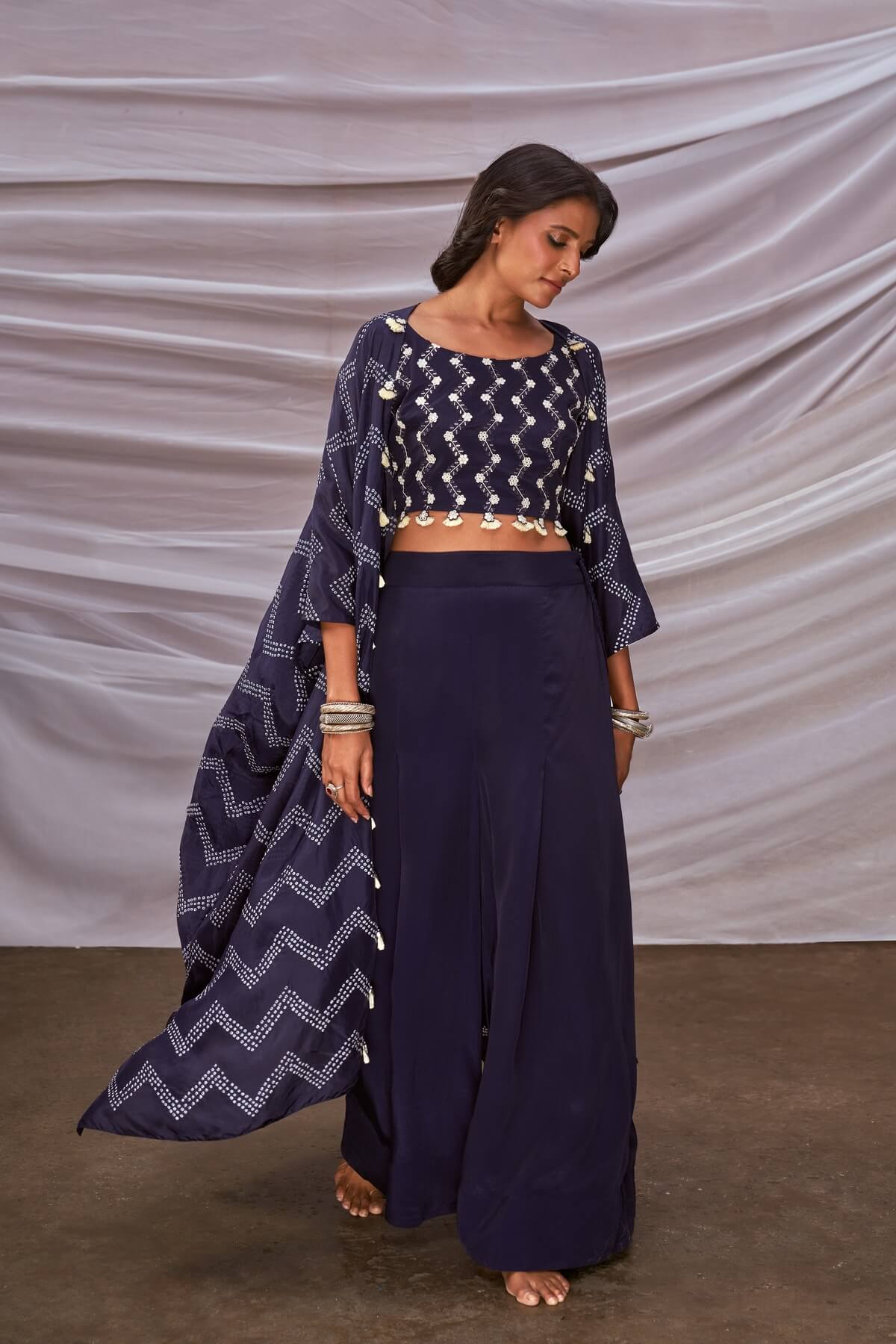 Zig-Zag Bandhani Cape Set With Flared Pants