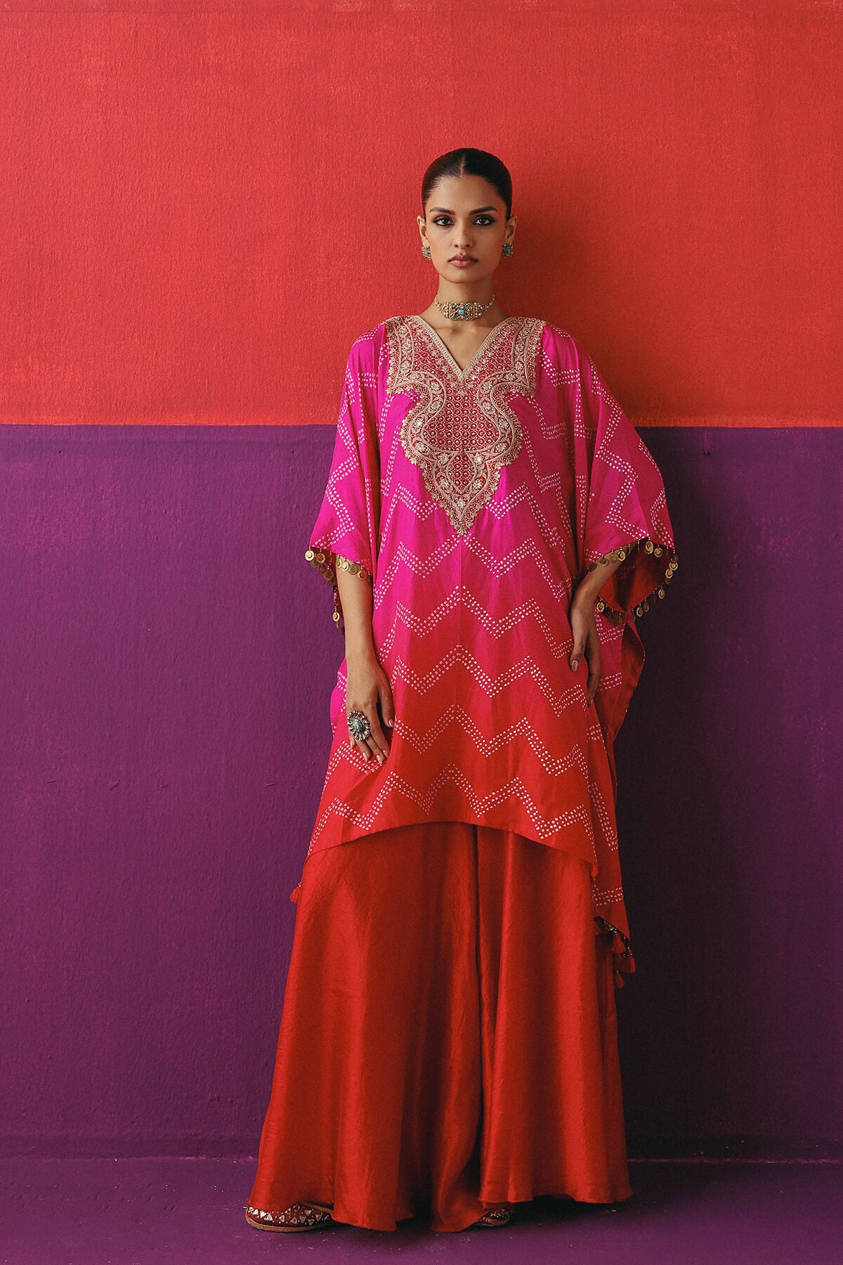 Zigzag Bandhni Kaftan with Sharara