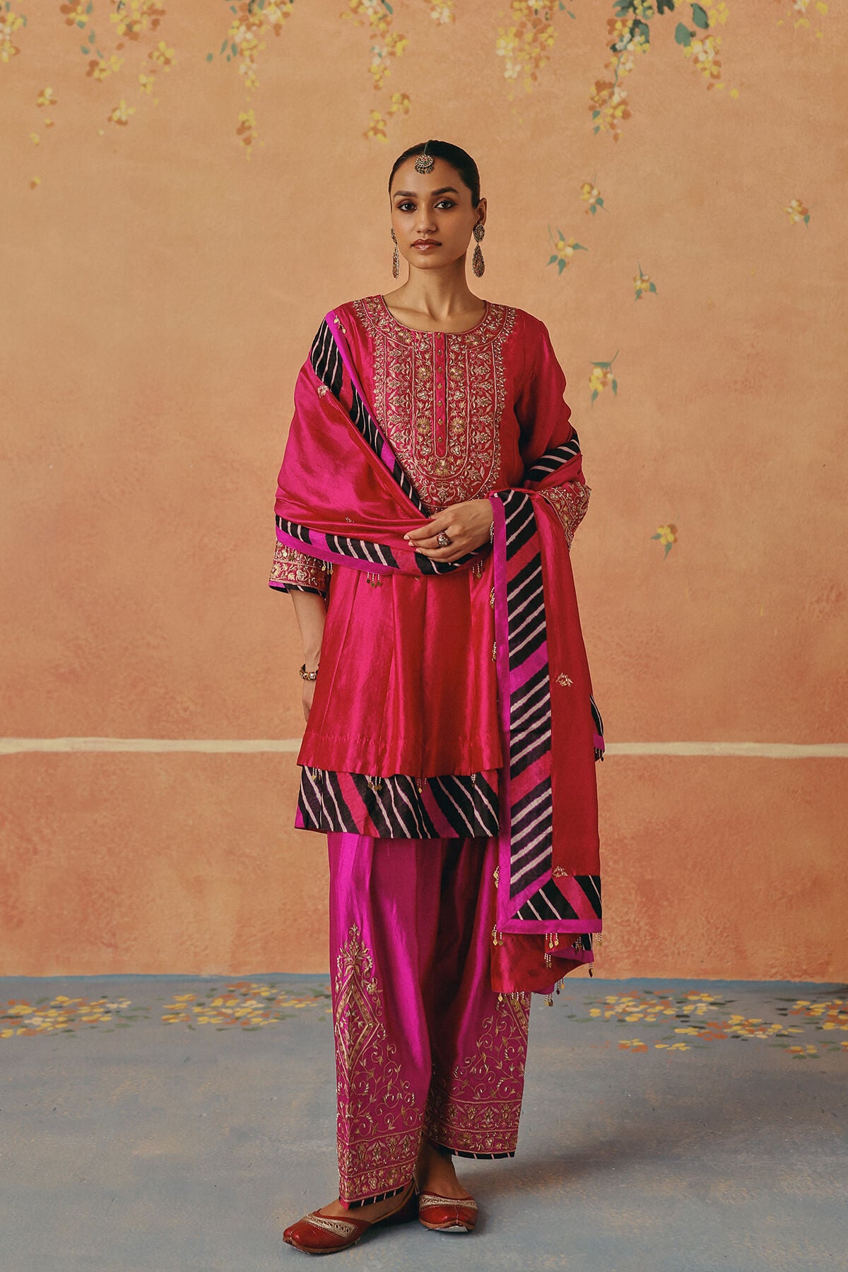 Red and Rani Leheriya Layered Anarkali