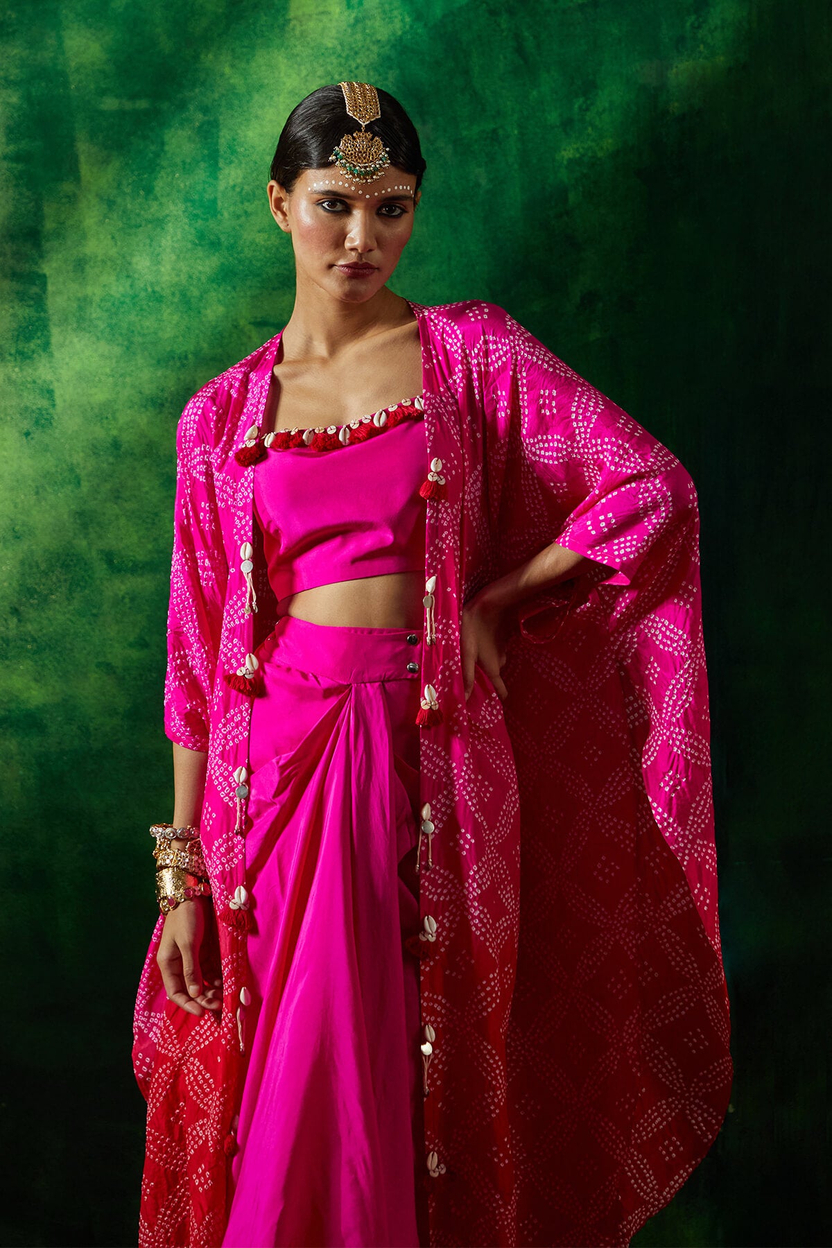 Bandhni cape set with drape skirt