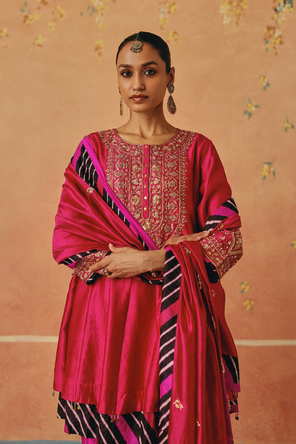 Red and Rani Leheriya Layered Anarkali