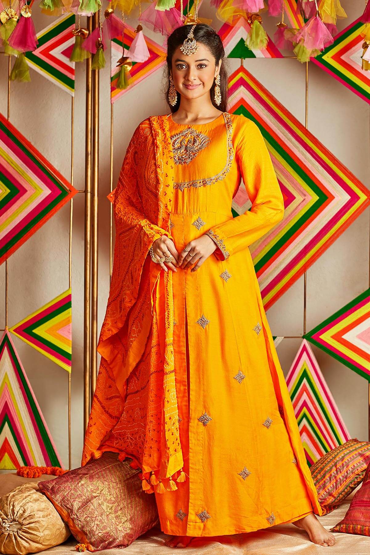 Front Slit Anarkali With Pants And Bandhni Dupatta