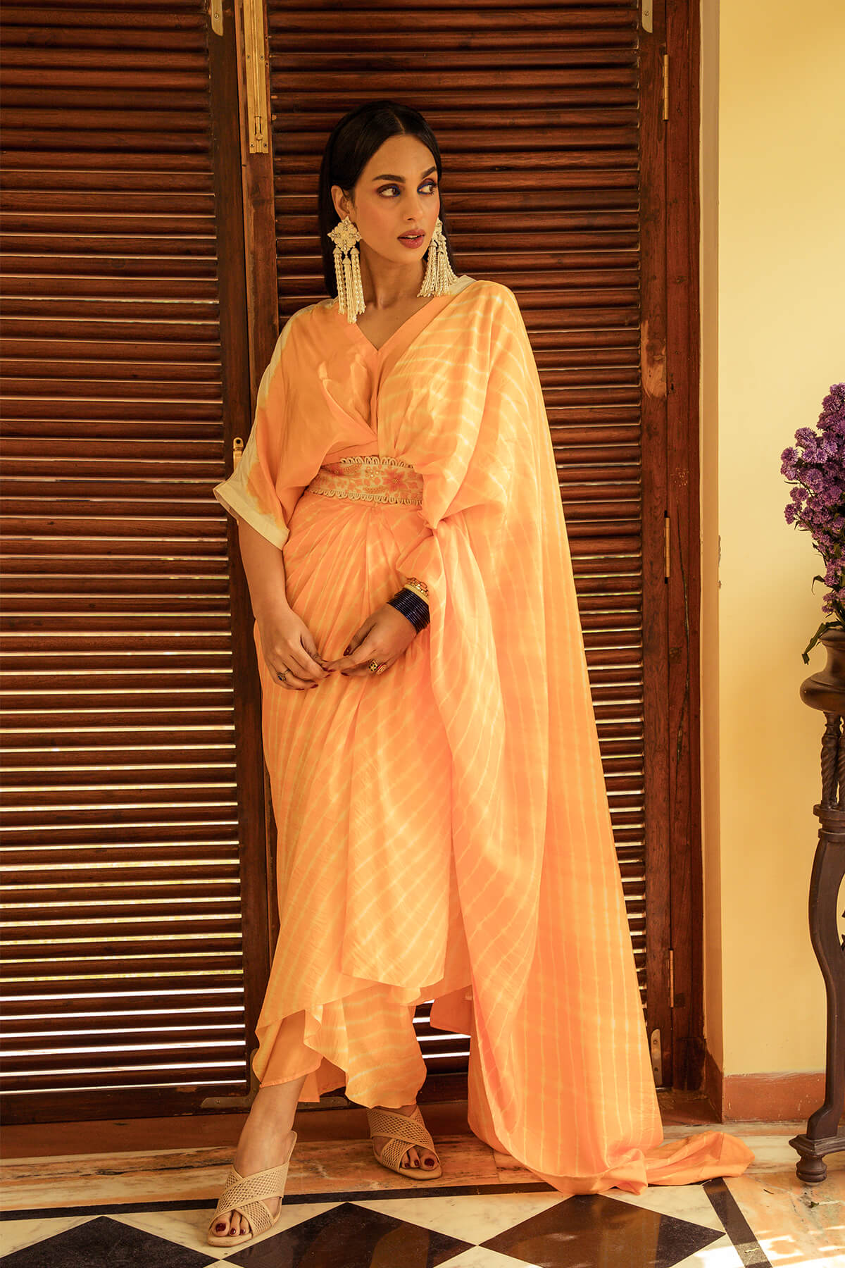 Leheriya drape saree