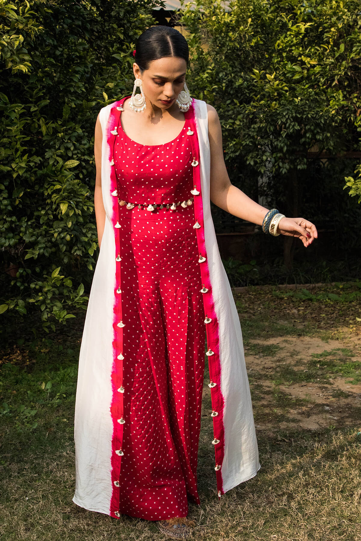 Red and white bandhni cape set with dip dye