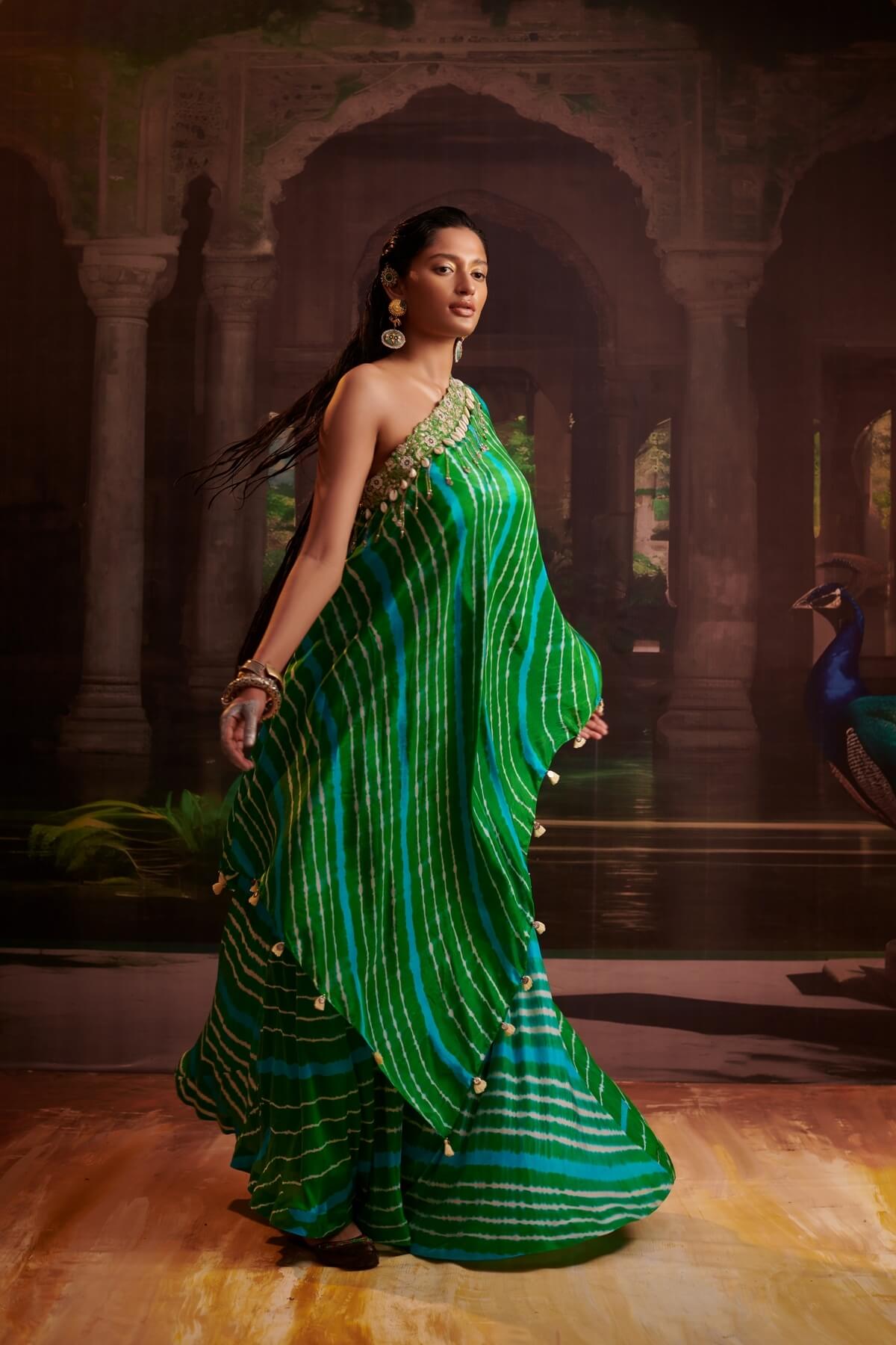 One Shoulder Leheriya Cape And Skirt Set