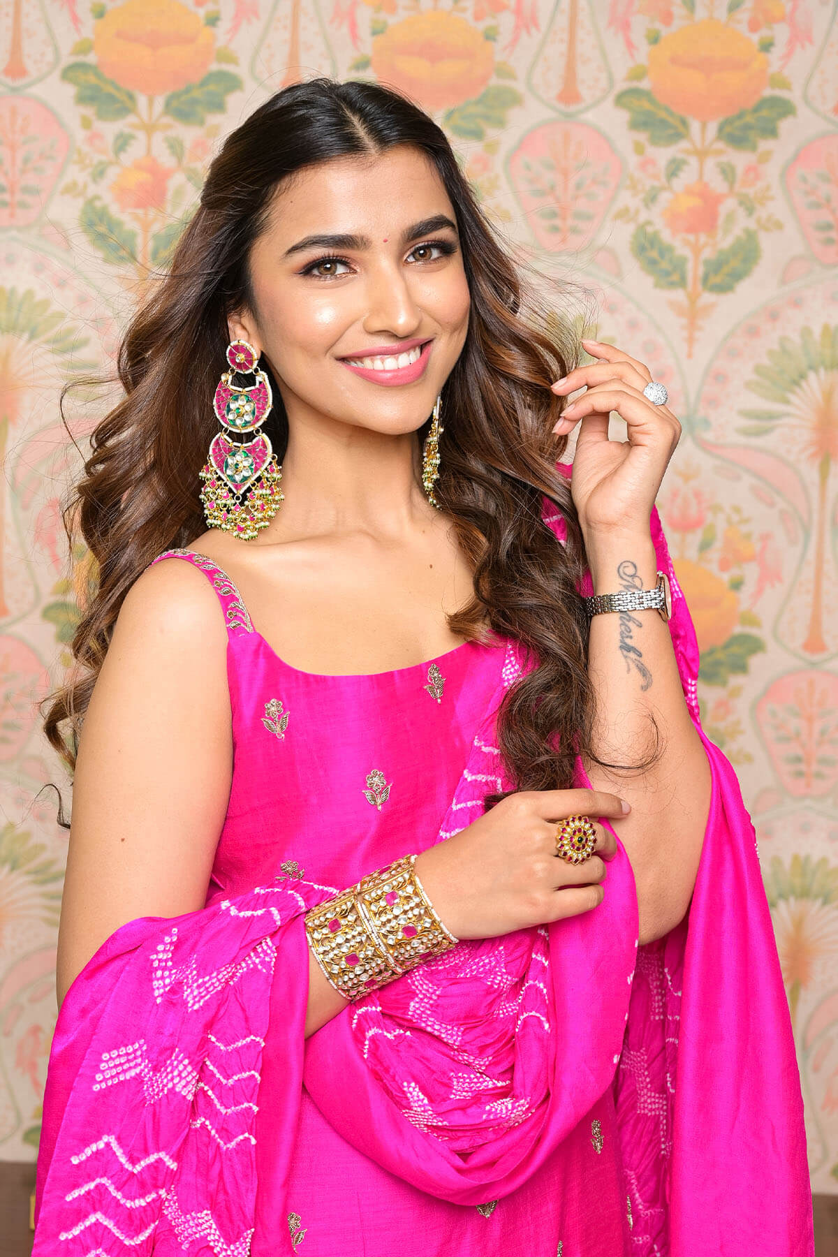 Embroidered kurta set with leher Bandhni Dupatta