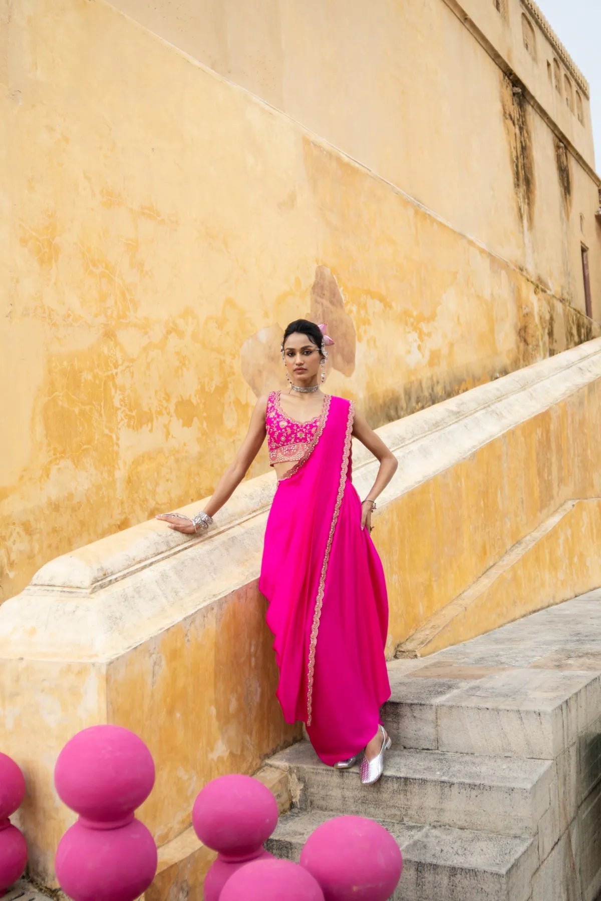 Bright fuschia draped saree