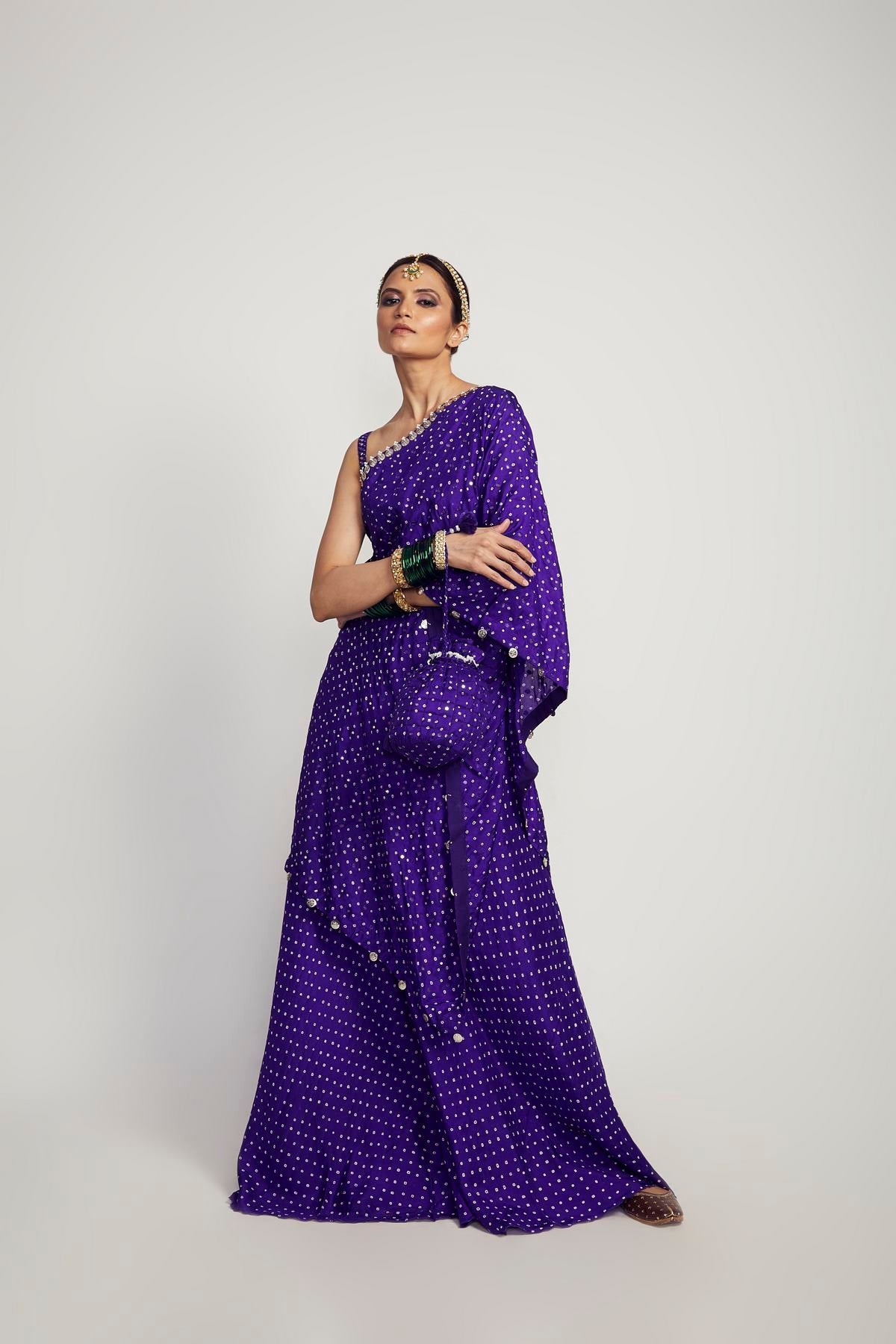 One shoulder bandhni cape and sharara set