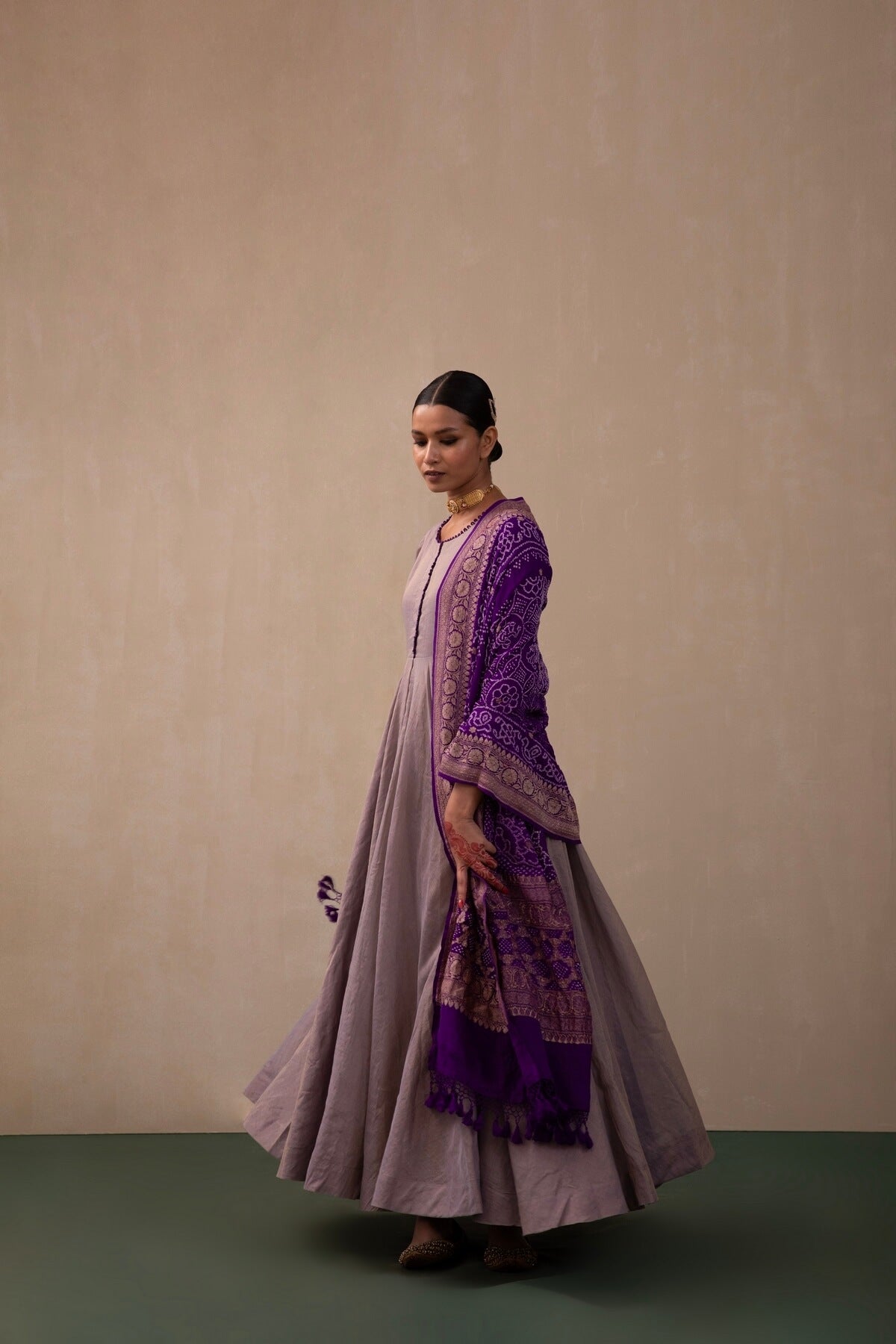 Lilac Tissue Anarkali With Heavy Bandhni Dupatta
