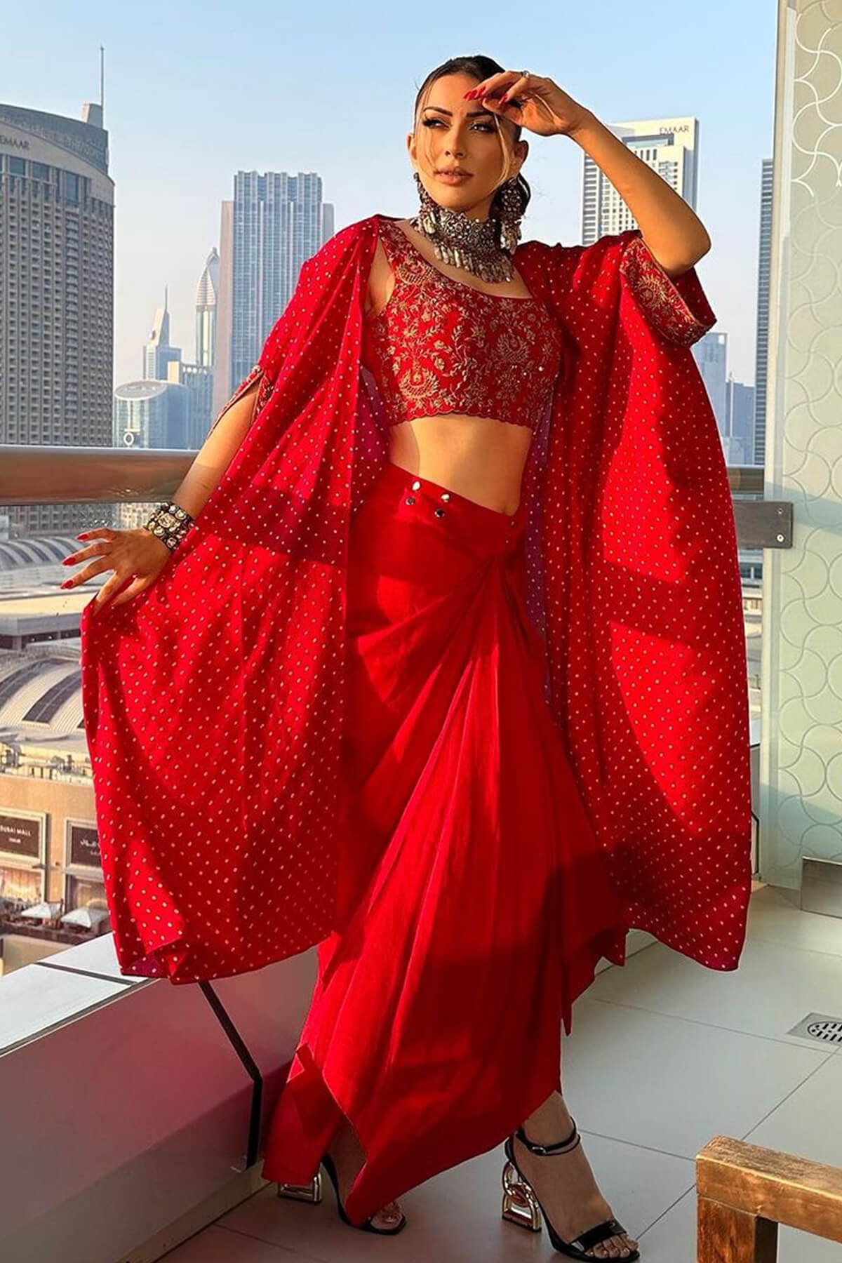 Bandhani Cape Set With A Chandbali Crop Top