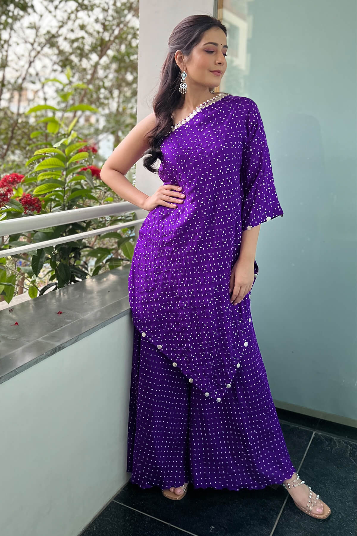 One shoulder bandhni cape and sharara set