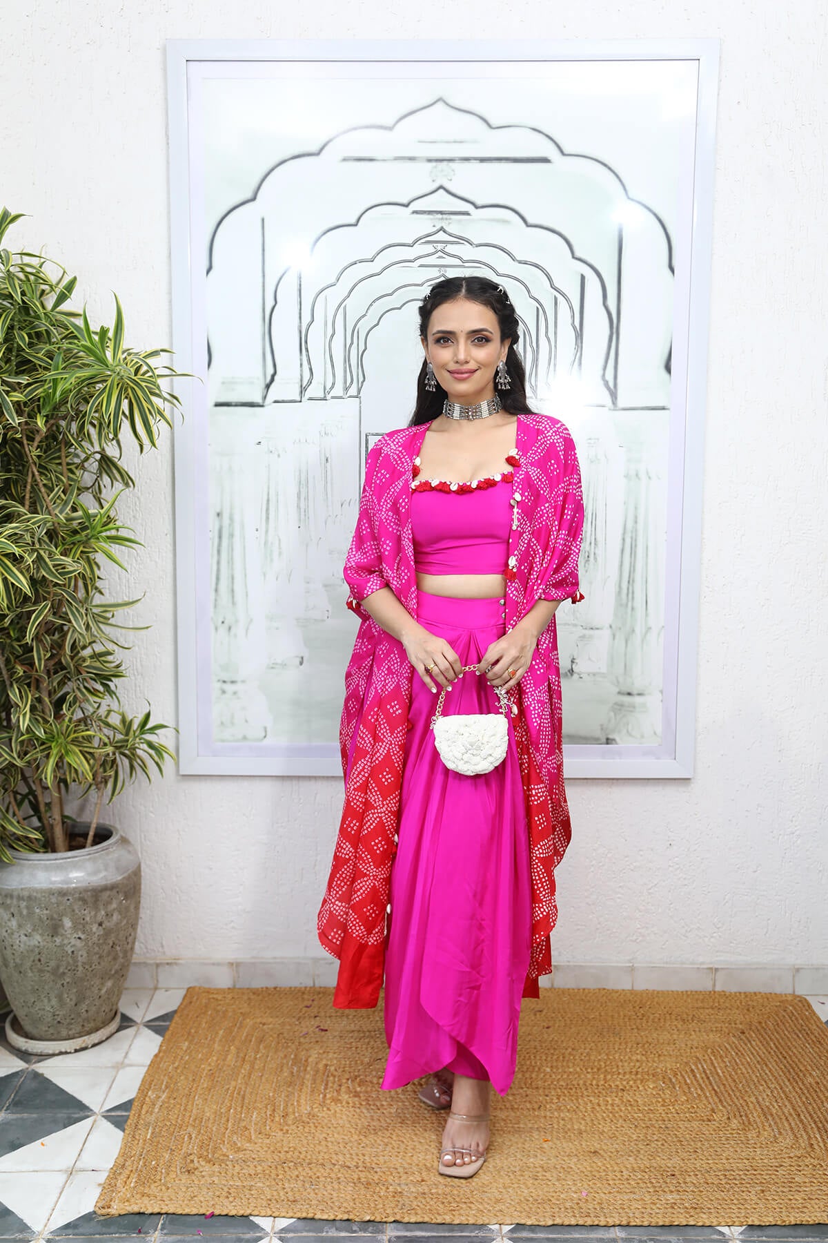 Bandhni cape set with drape skirt