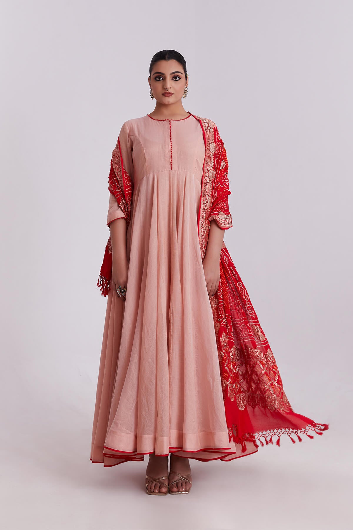 Peach Tissue Anarkali With Heavy Bandhni Dupatta
