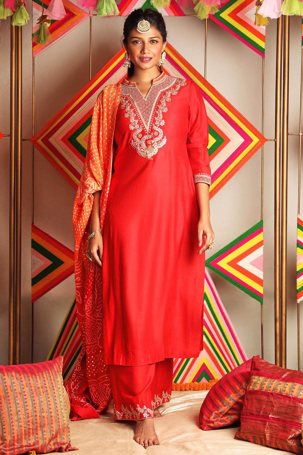 Red Embroidered Kurta With Ijaar Pants And Bandhni Dupatta