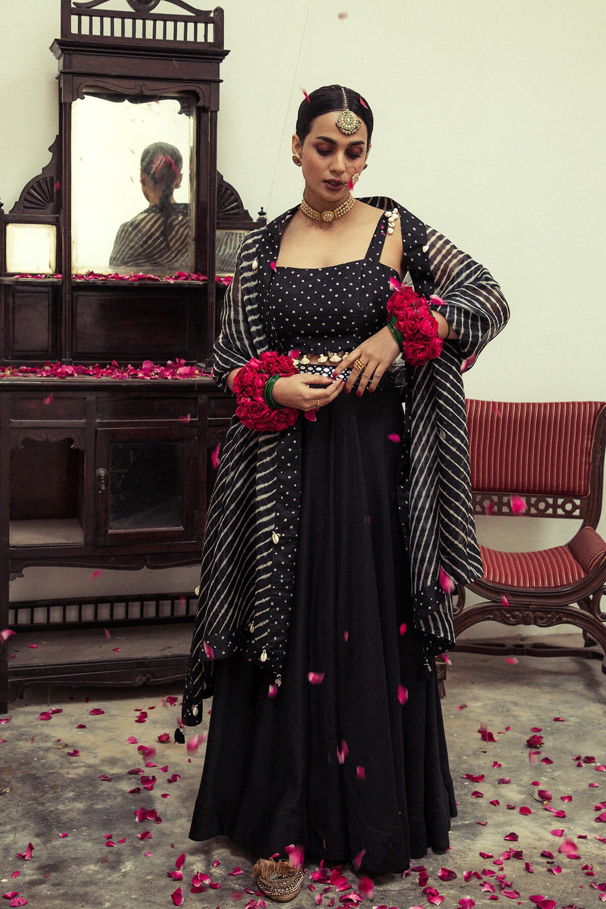 Bandhni and leheriya fusion lehenga