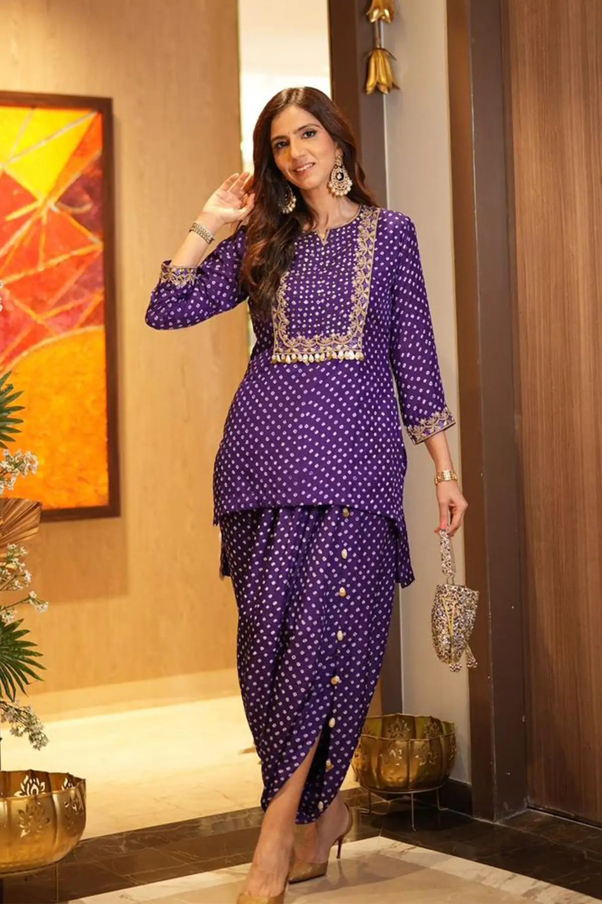 Bandhni Short Kurta With Drape Trouser