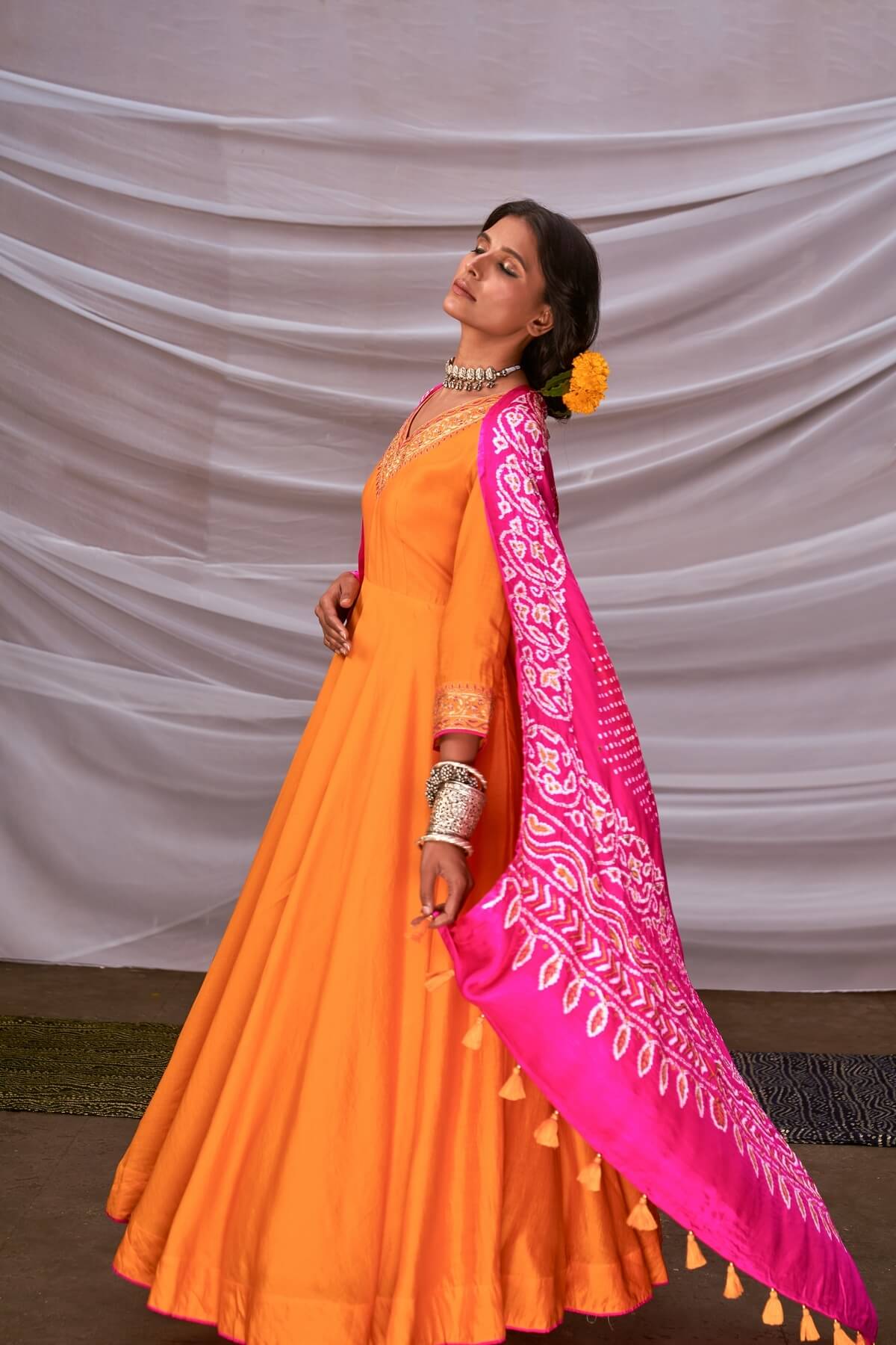 V-Neck Anarkali With Ombré Bandhani Dupatta