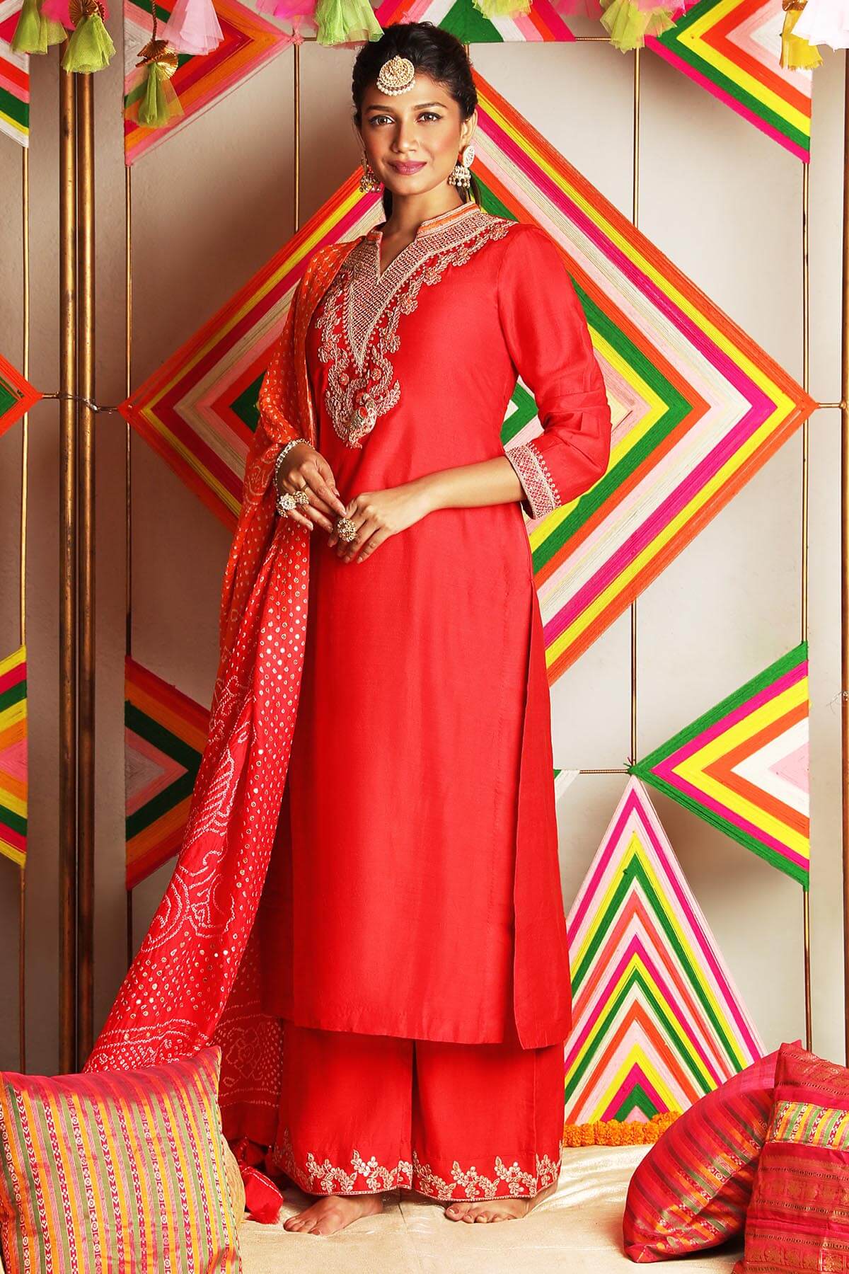 Red Embroidered Kurta With Ijaar Pants And Bandhni Dupatta