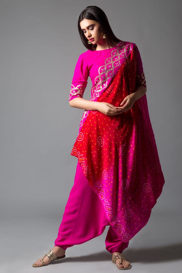 Three Piece Drape Bandhni Dupatta Set