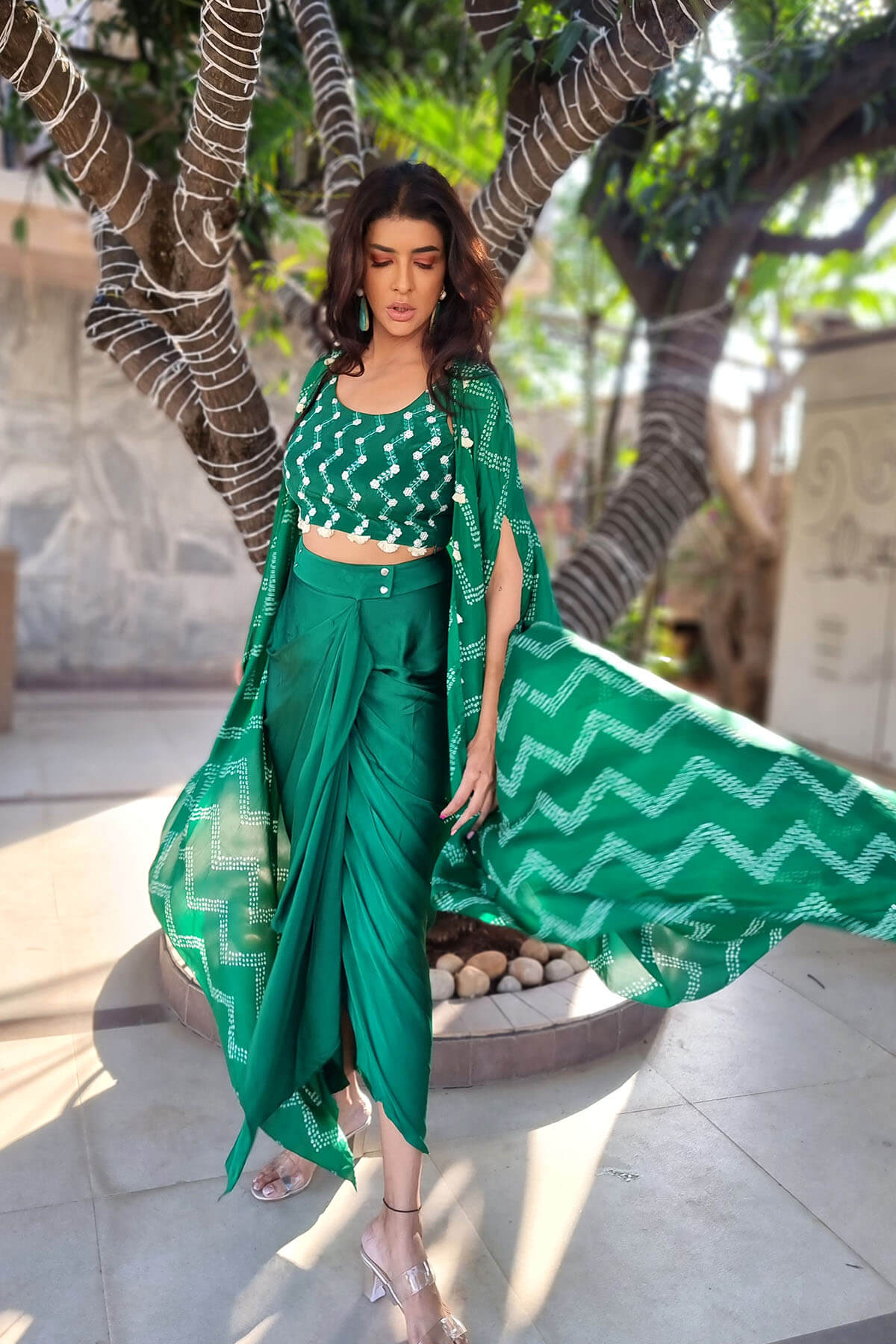 Zig-Zag Bandhani Cape Set With Dhoti Pants