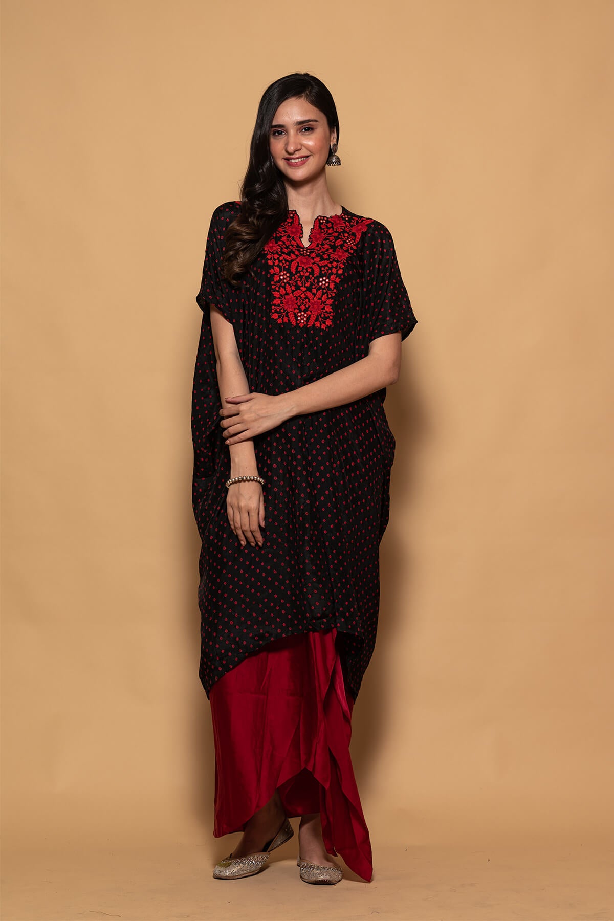 Black Kaftan kurta with red embroidery detailing